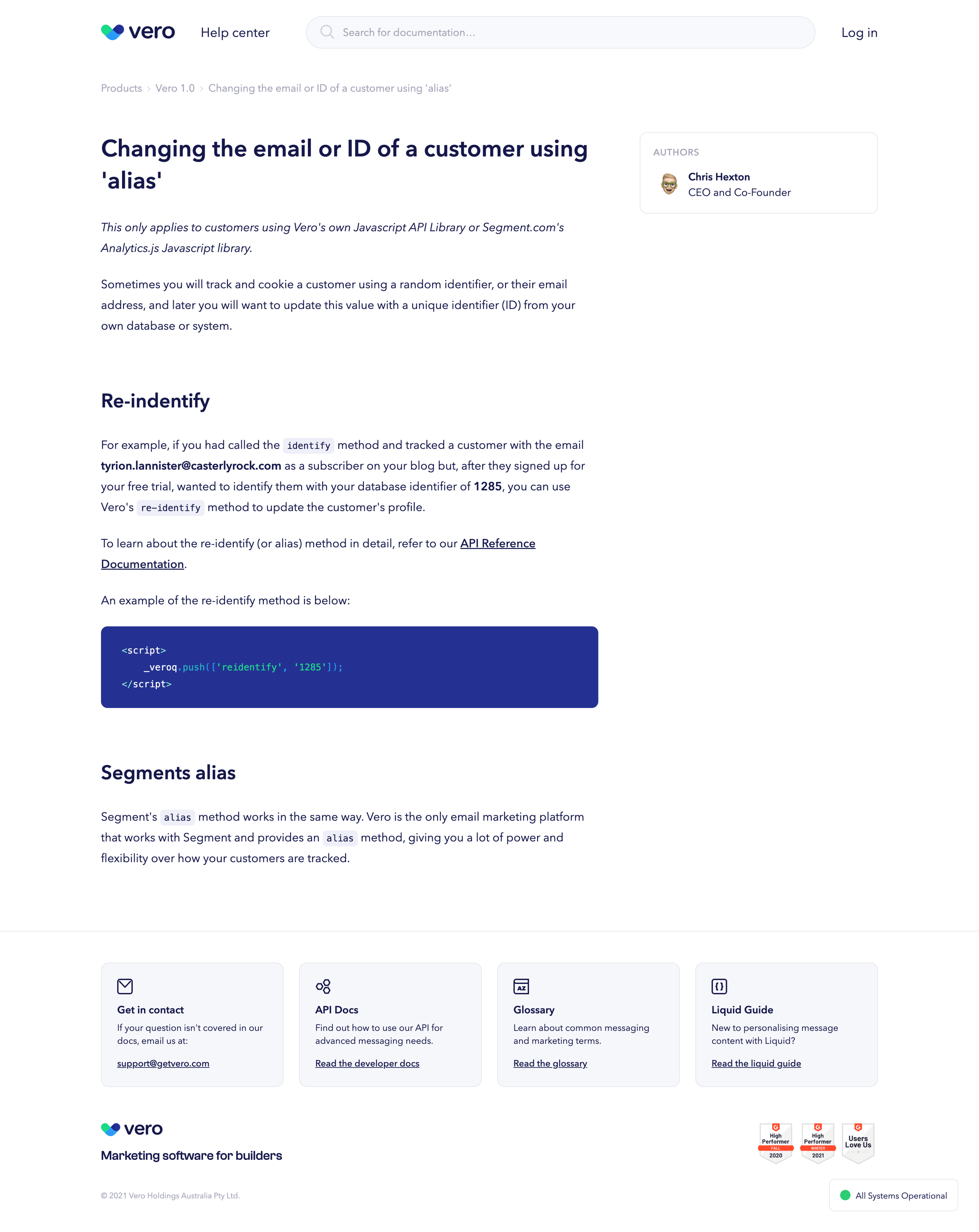 Vero - Changing The Email Or Id Of A Customer Using alias - Vero screen