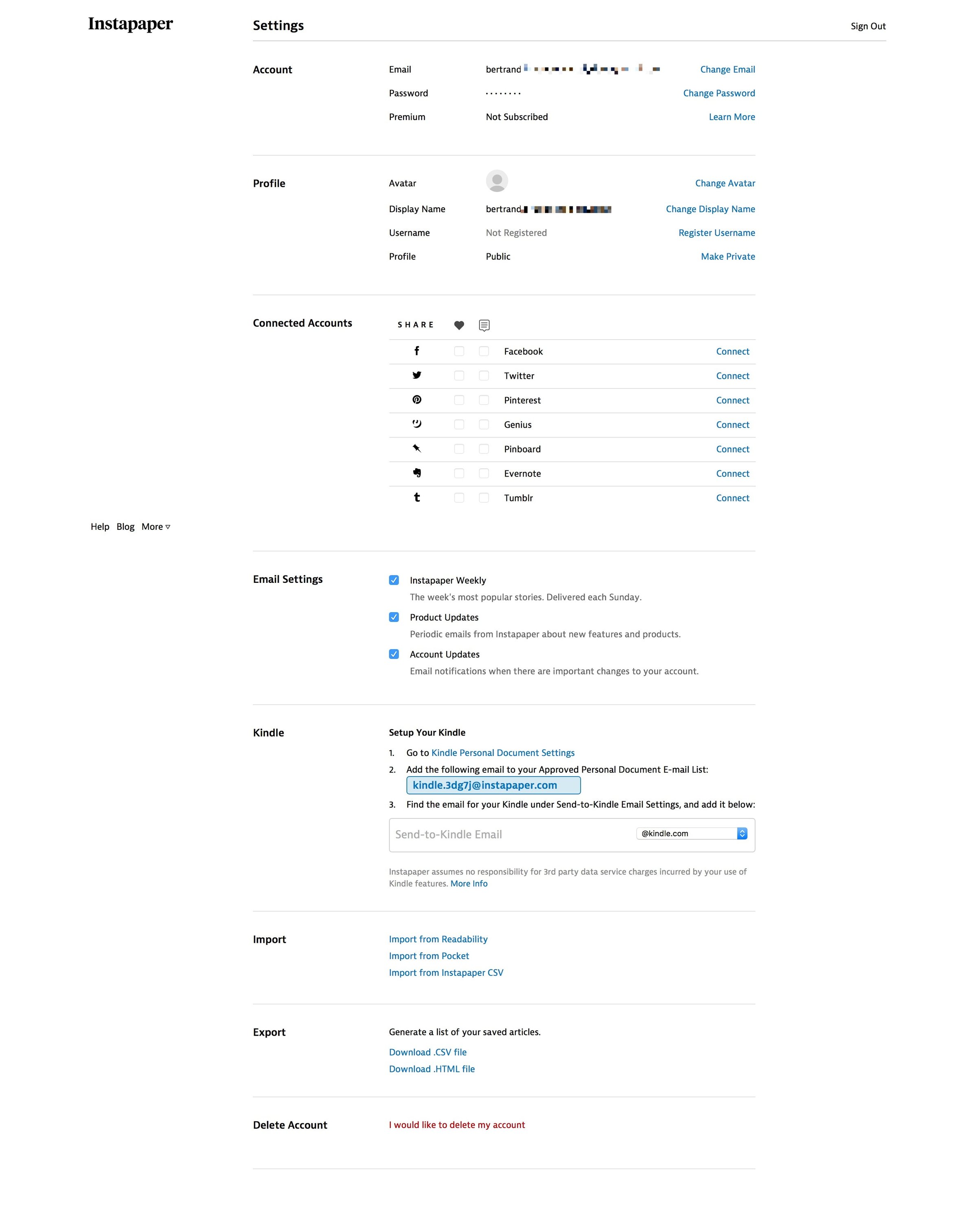 Instapaper - Settings screen