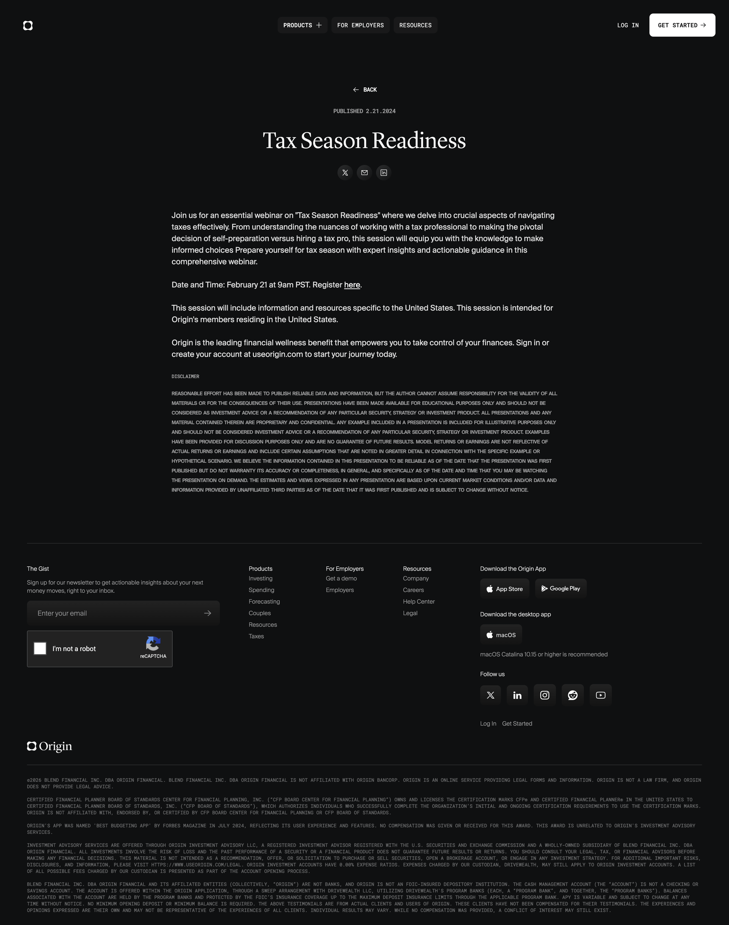 Origin Financial - Tax Season Readiness Webinar screen