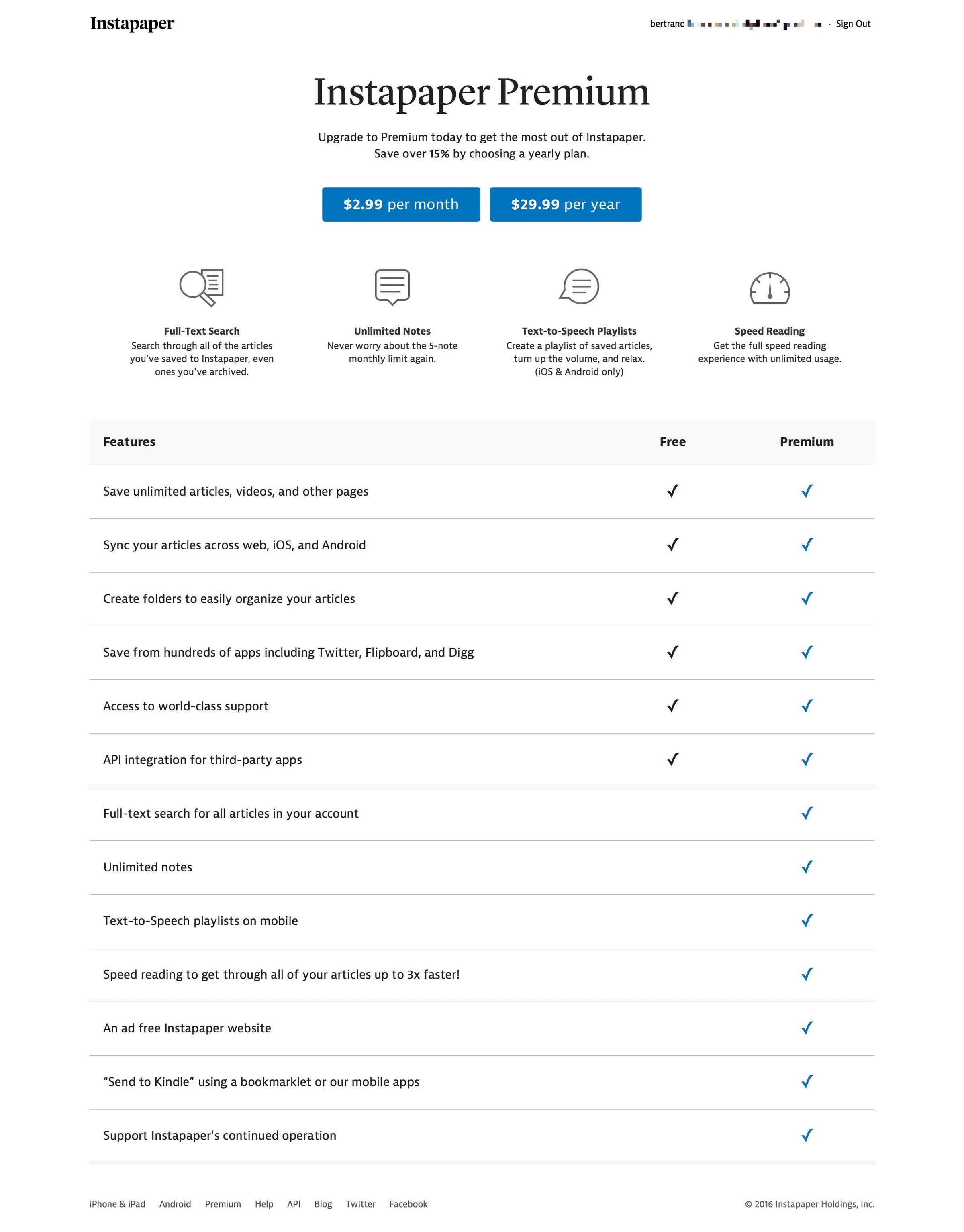 Instapaper - Plans screen