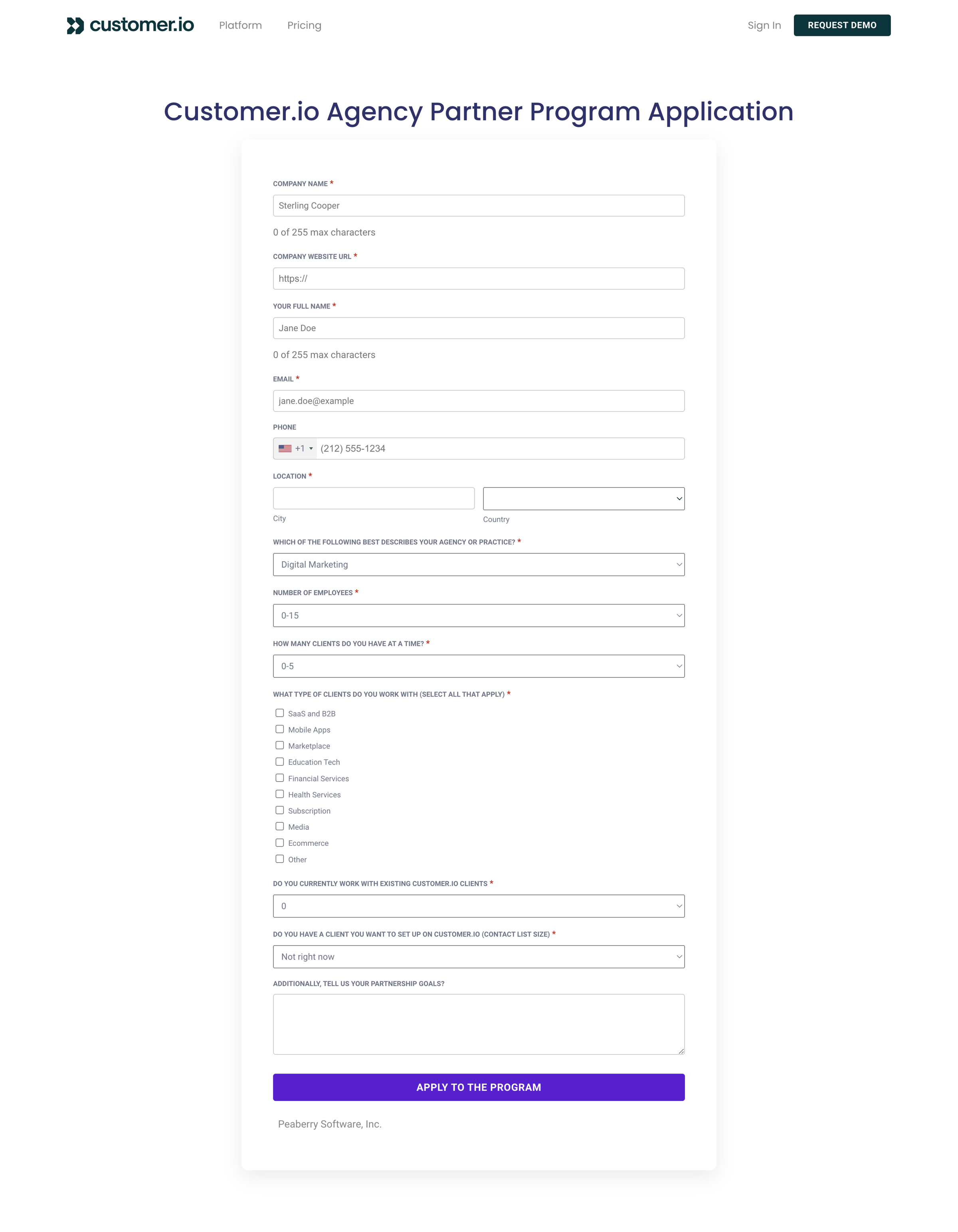 Customer.io - Apply to be an Agency Partner - Customer.io screen