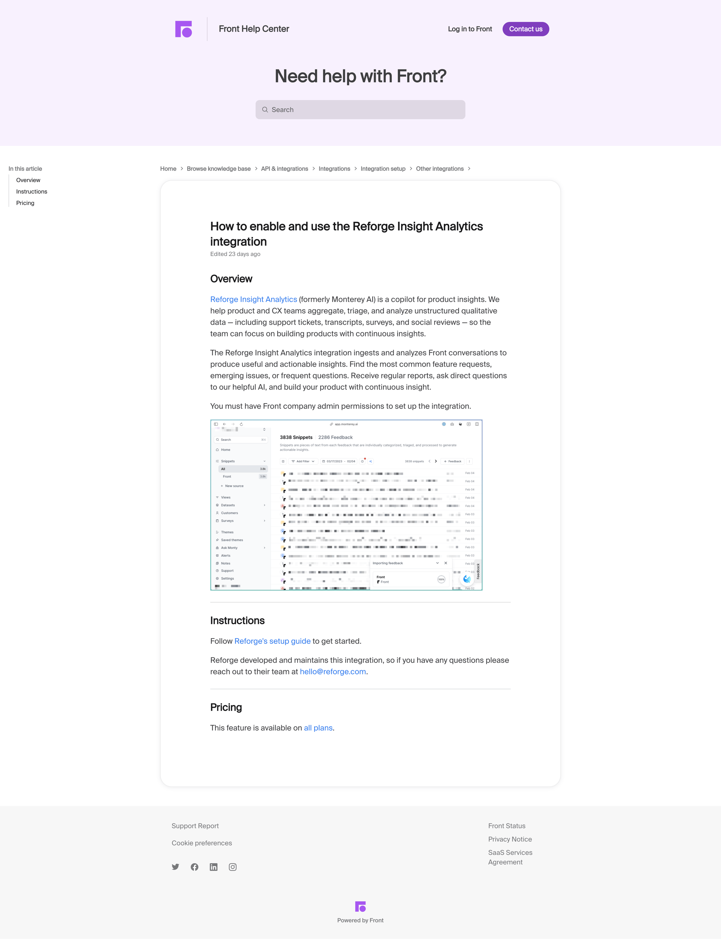 Front - How to enable and use the Reforge Insight Analytics integration screen