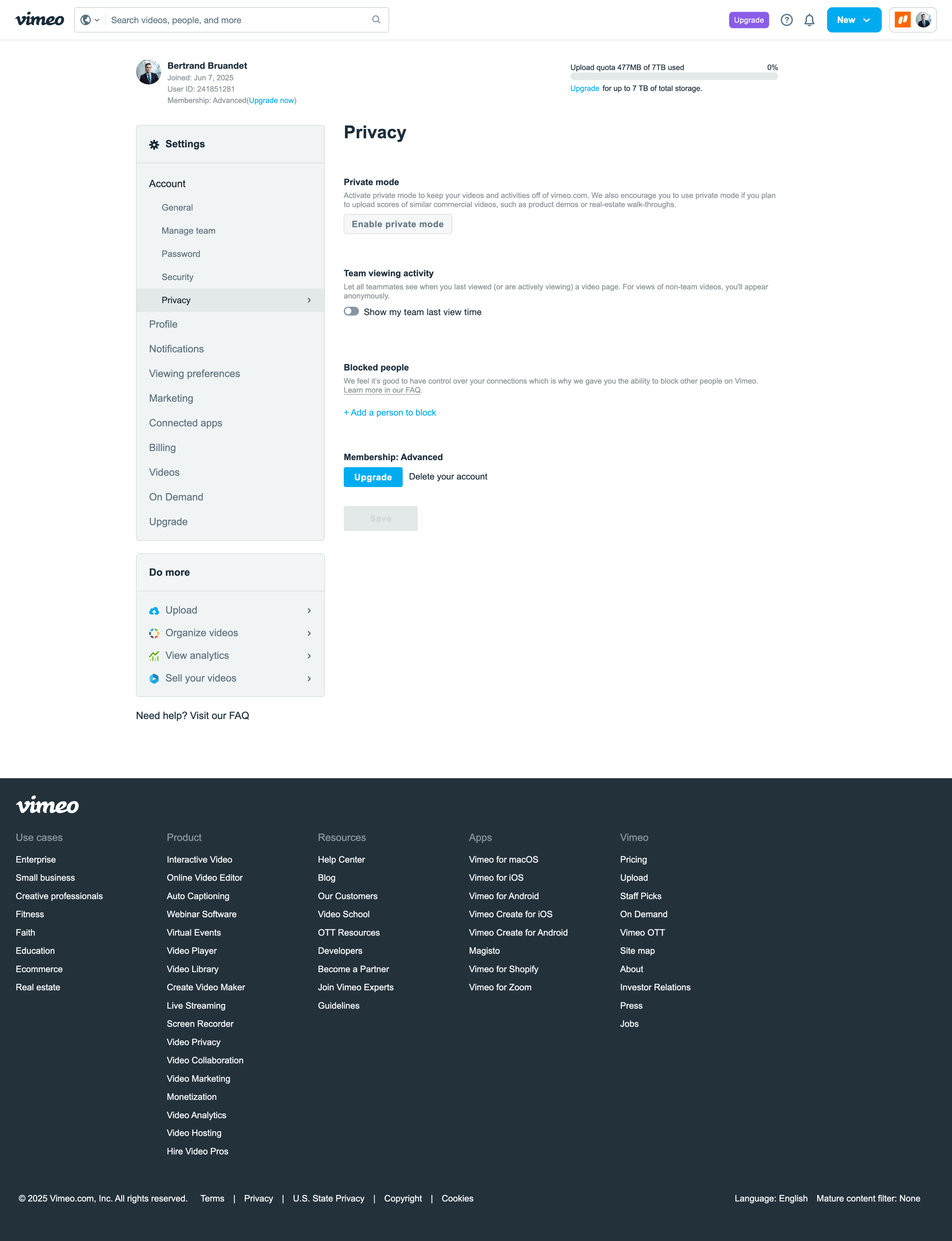 Vimeo - My Settings on Vimeo screen