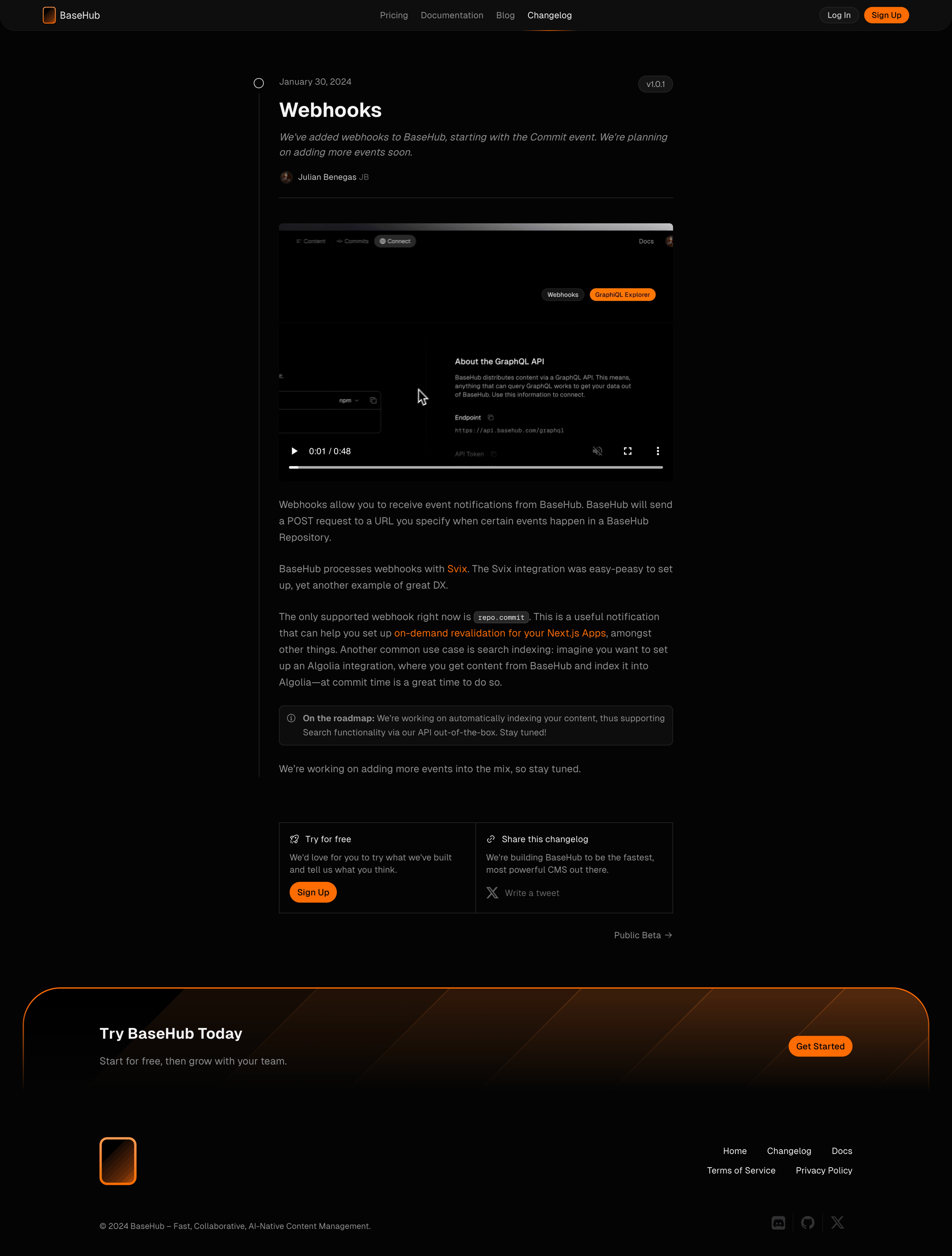 Basehub - Webhooks | Changelog — BaseHub screen