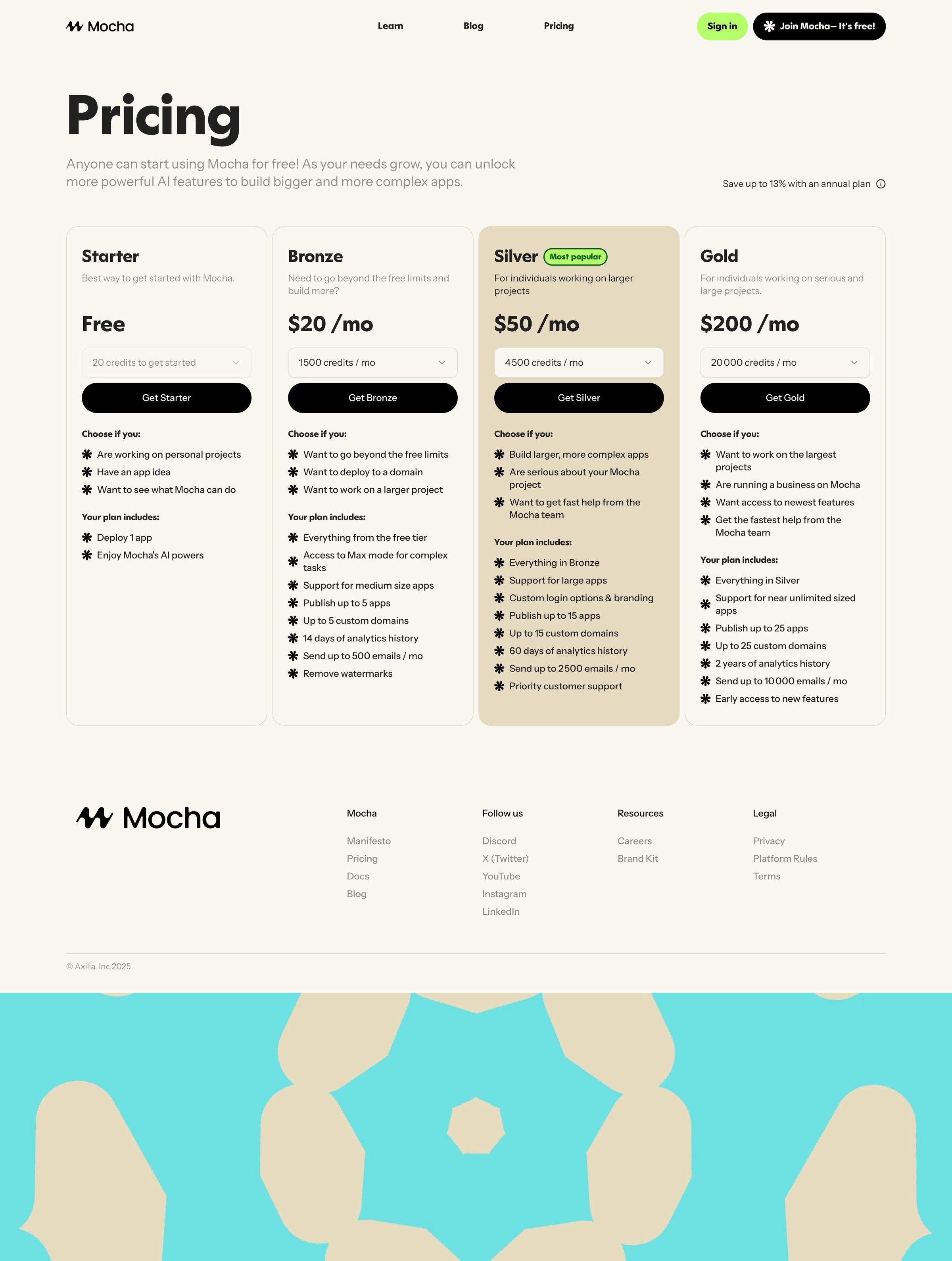 Mocha - Mocha Pricing Affordable AI App Building Plans screen