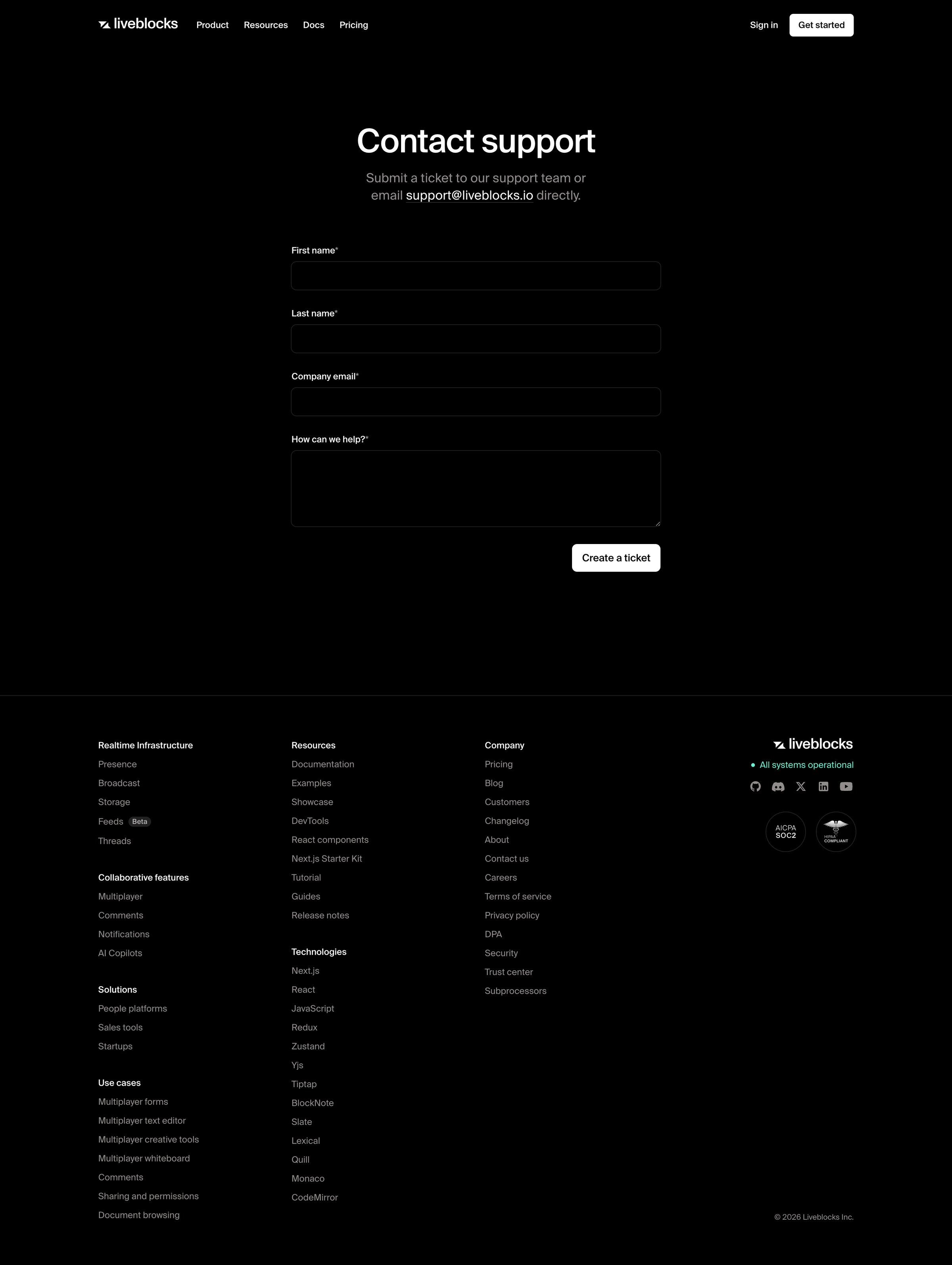 Liveblocks - Contact support Liveblocks screen