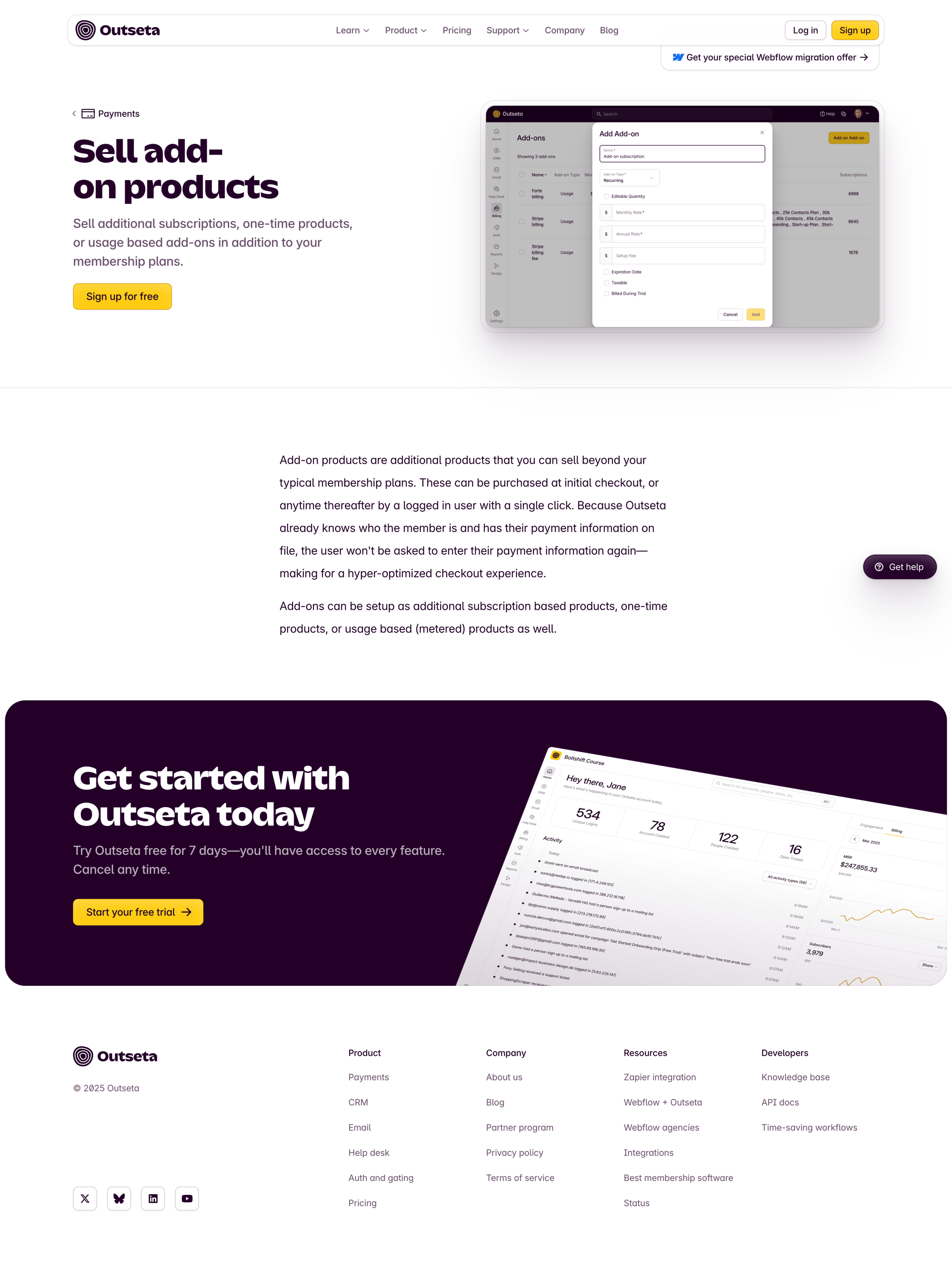 Outseta - Sell add-on products Outseta screen