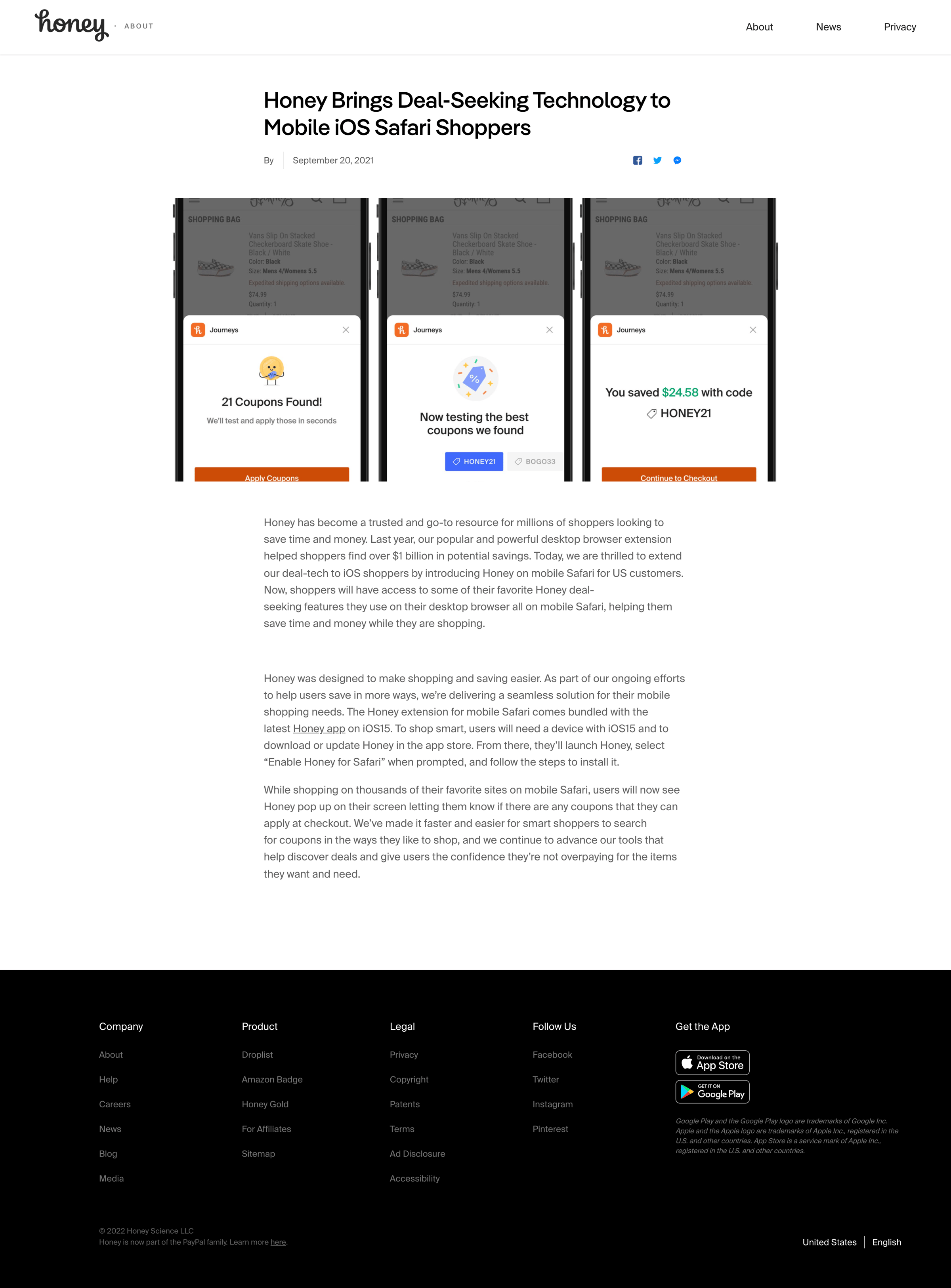 Honey - Honey Brings Deal-Seeking Technology to Mobile iOS Safari Shopper screen