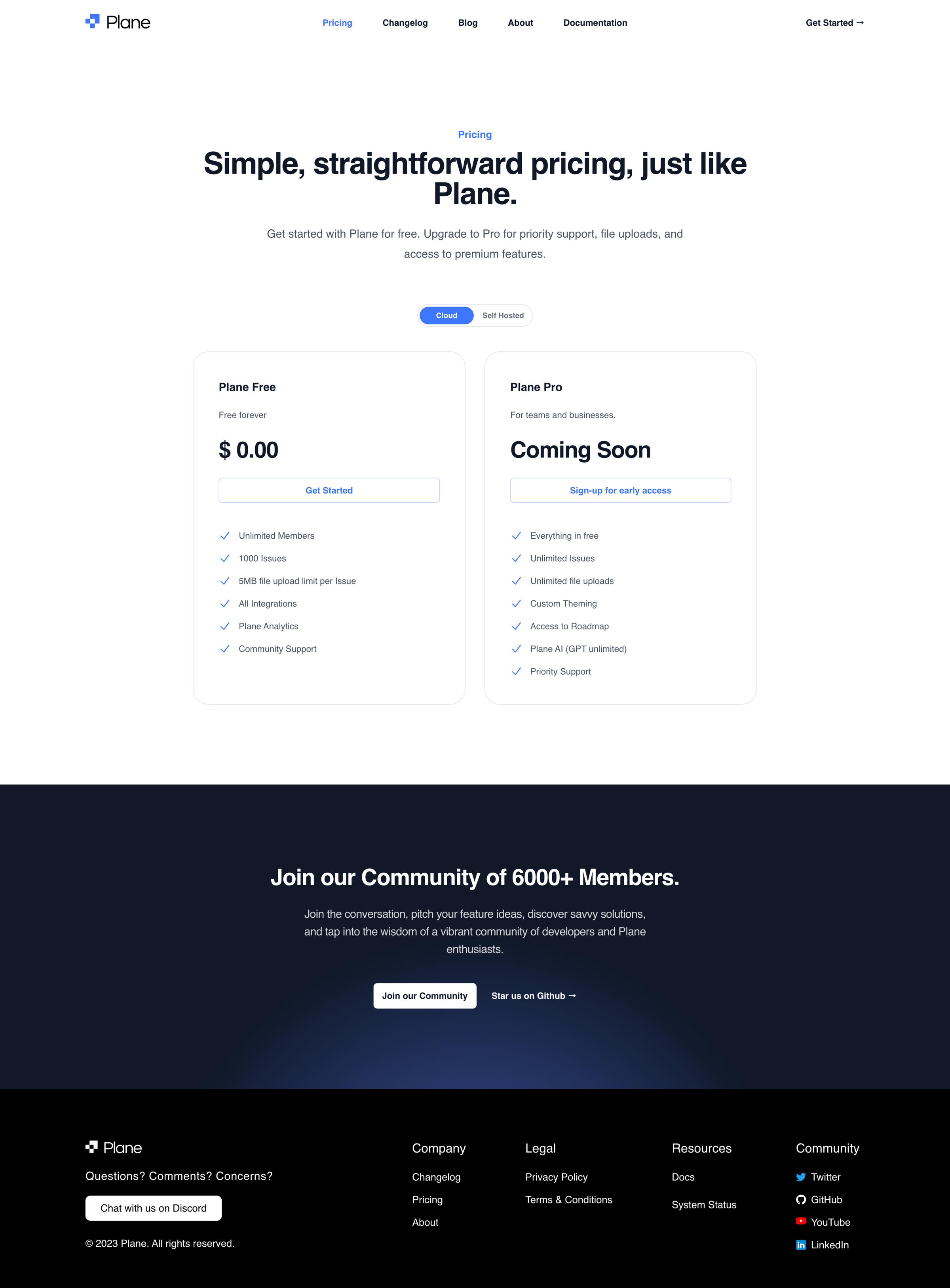 Plane - Pricing - Plane screen