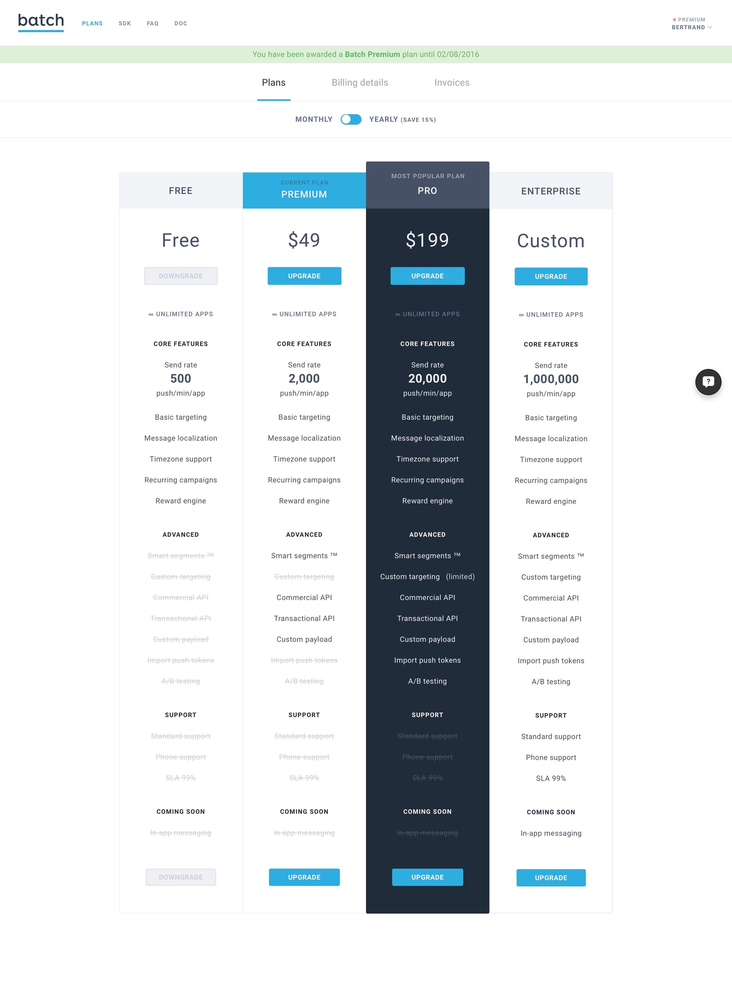 Batch - Plans screen