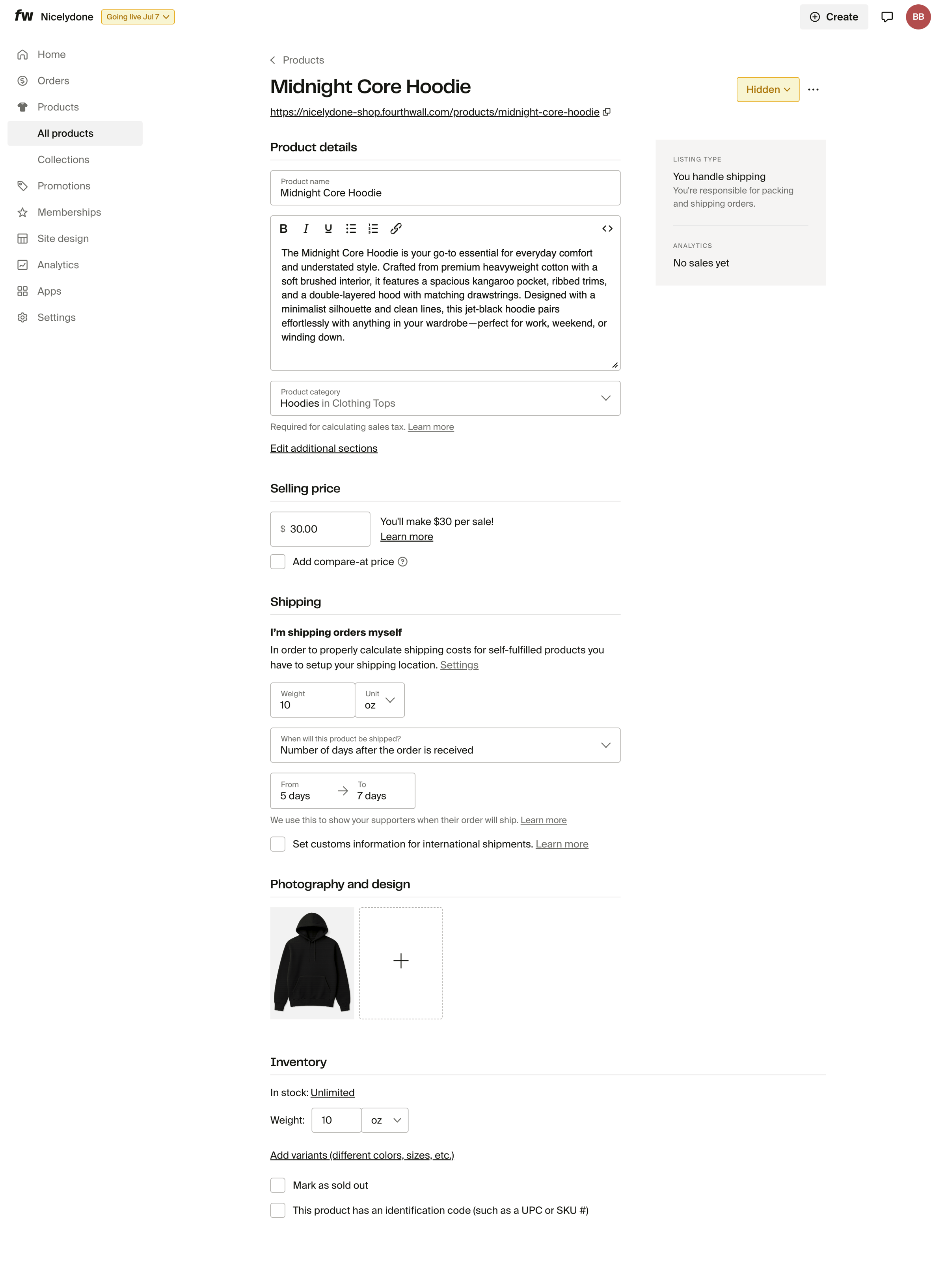 Fourthwall - Midnight Core Hoodie – Dashboard screen