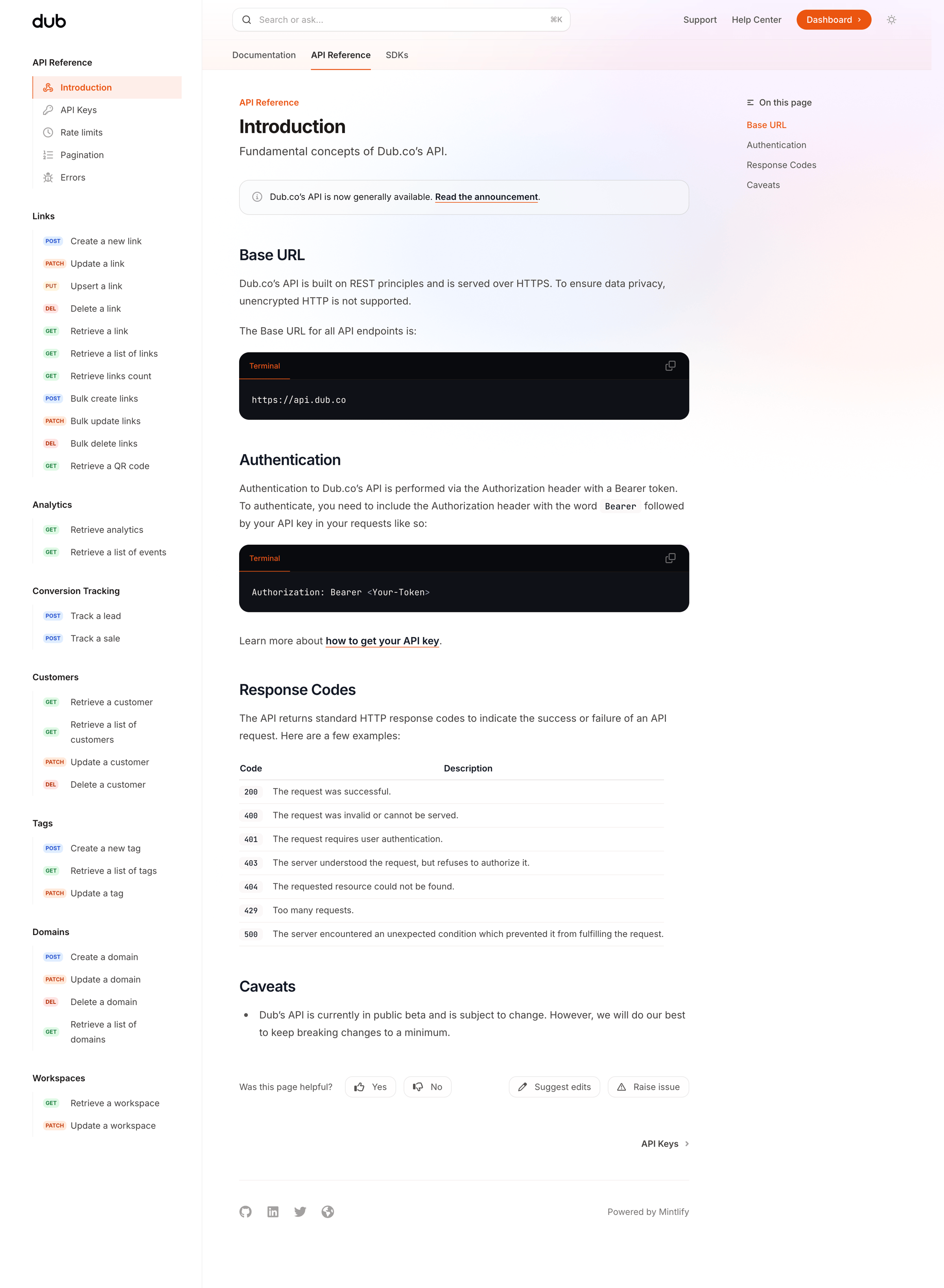 Dub - Dub.co API Reference - Introduction screen