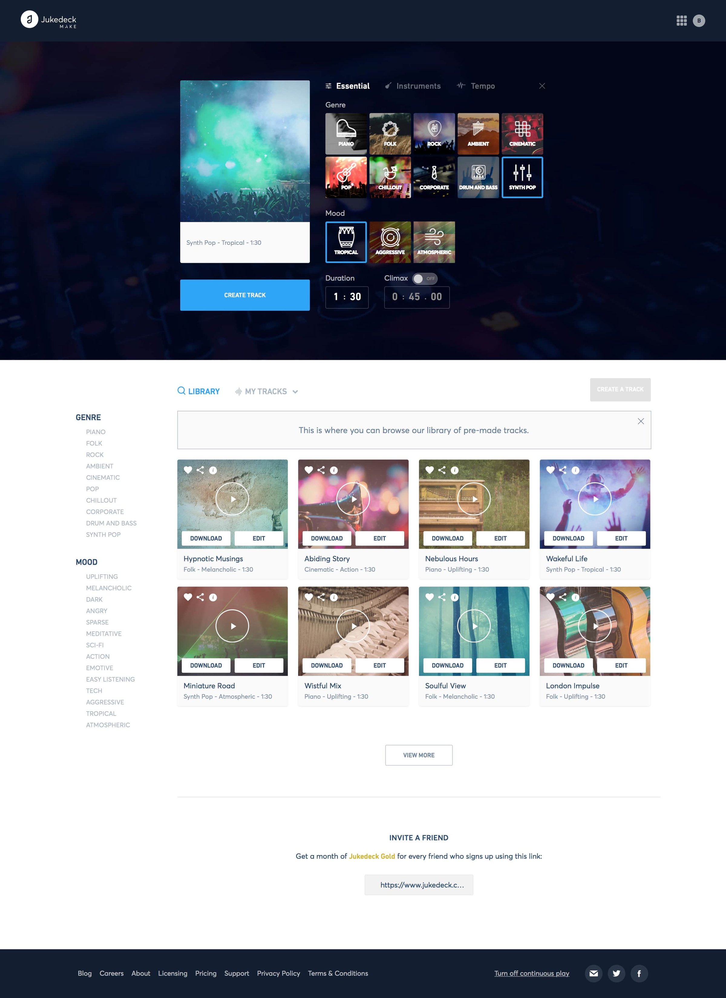 Jukedeck - Create screen
