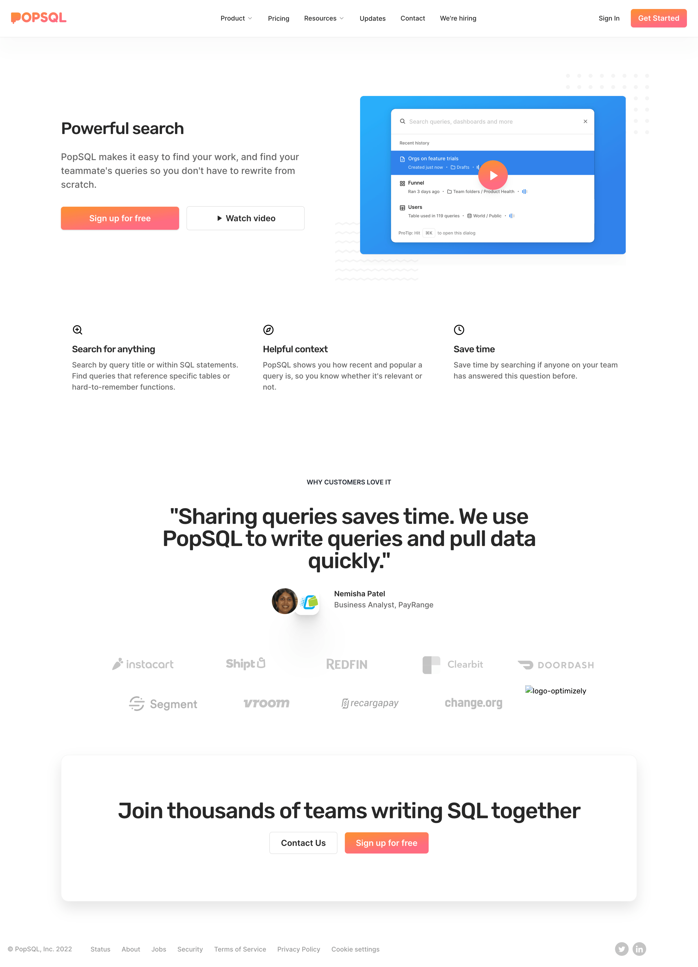 PopSQL - Search | PopSQL screen