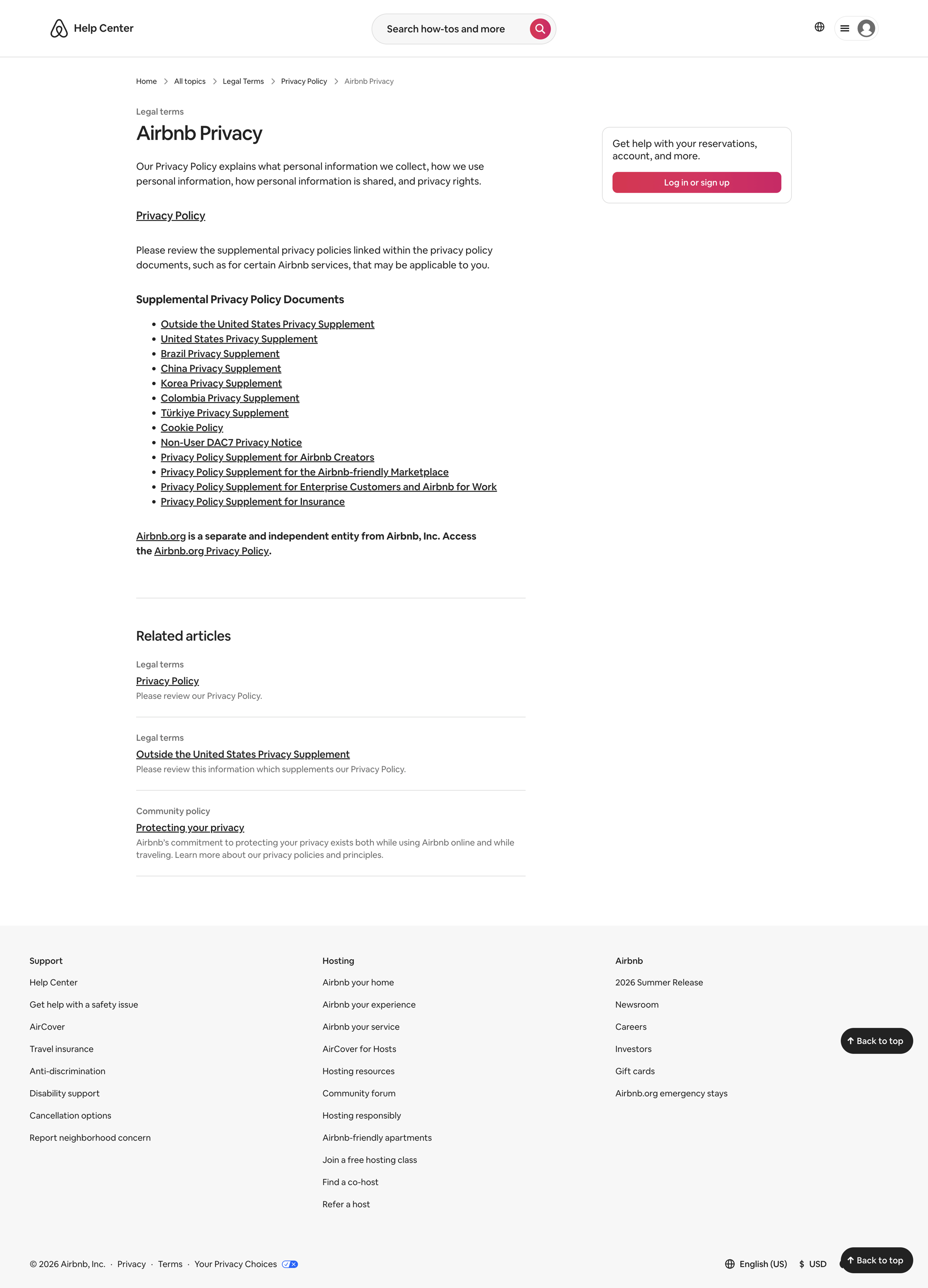Airbnb - Airbnb Privacy - Airbnb Help Center screen