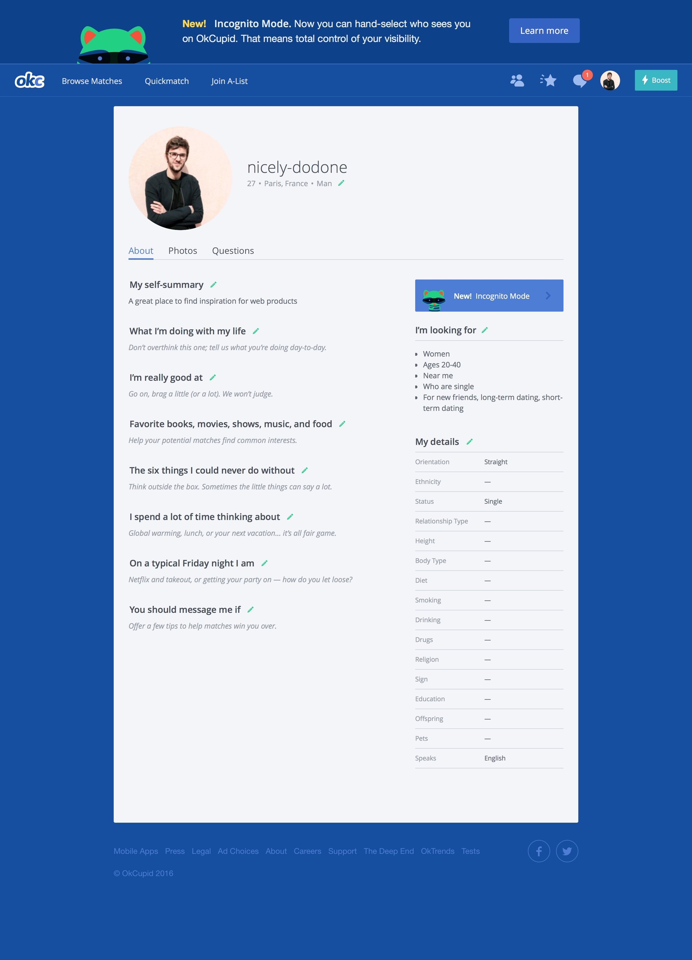 OkCupid - Profile screen