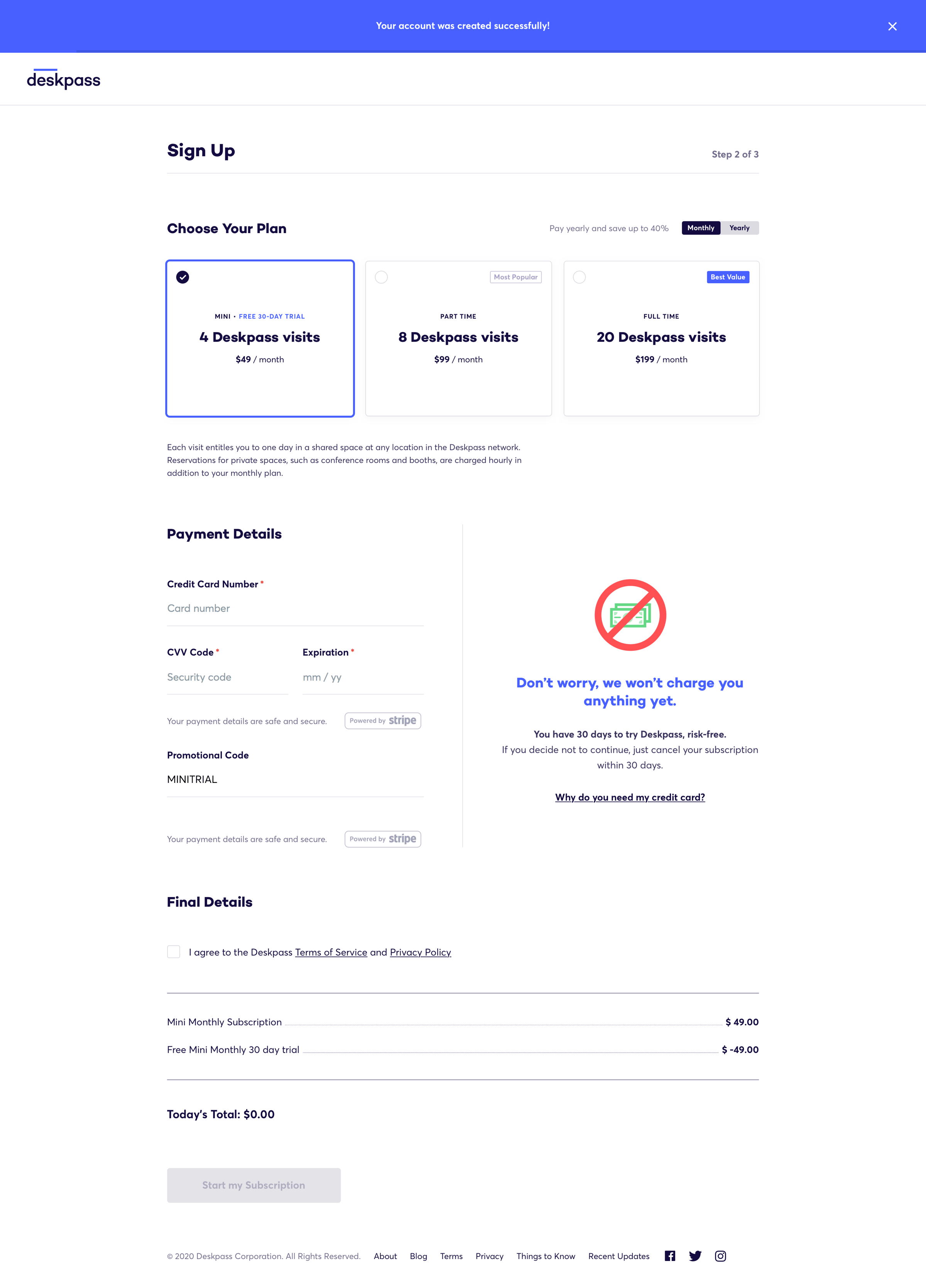 Deskpass - Select plan screen