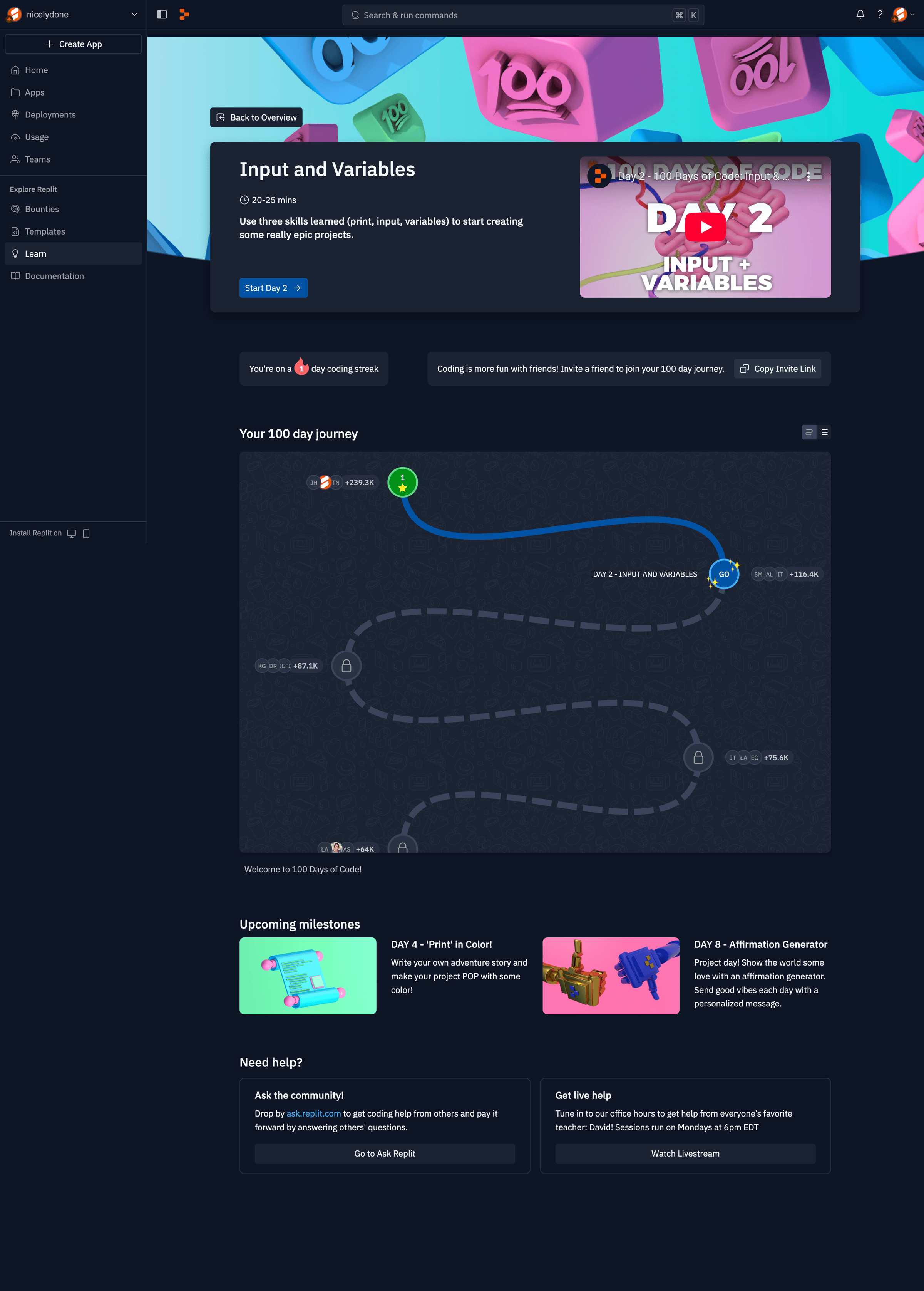 Replit - Learning Hub - Replit screen