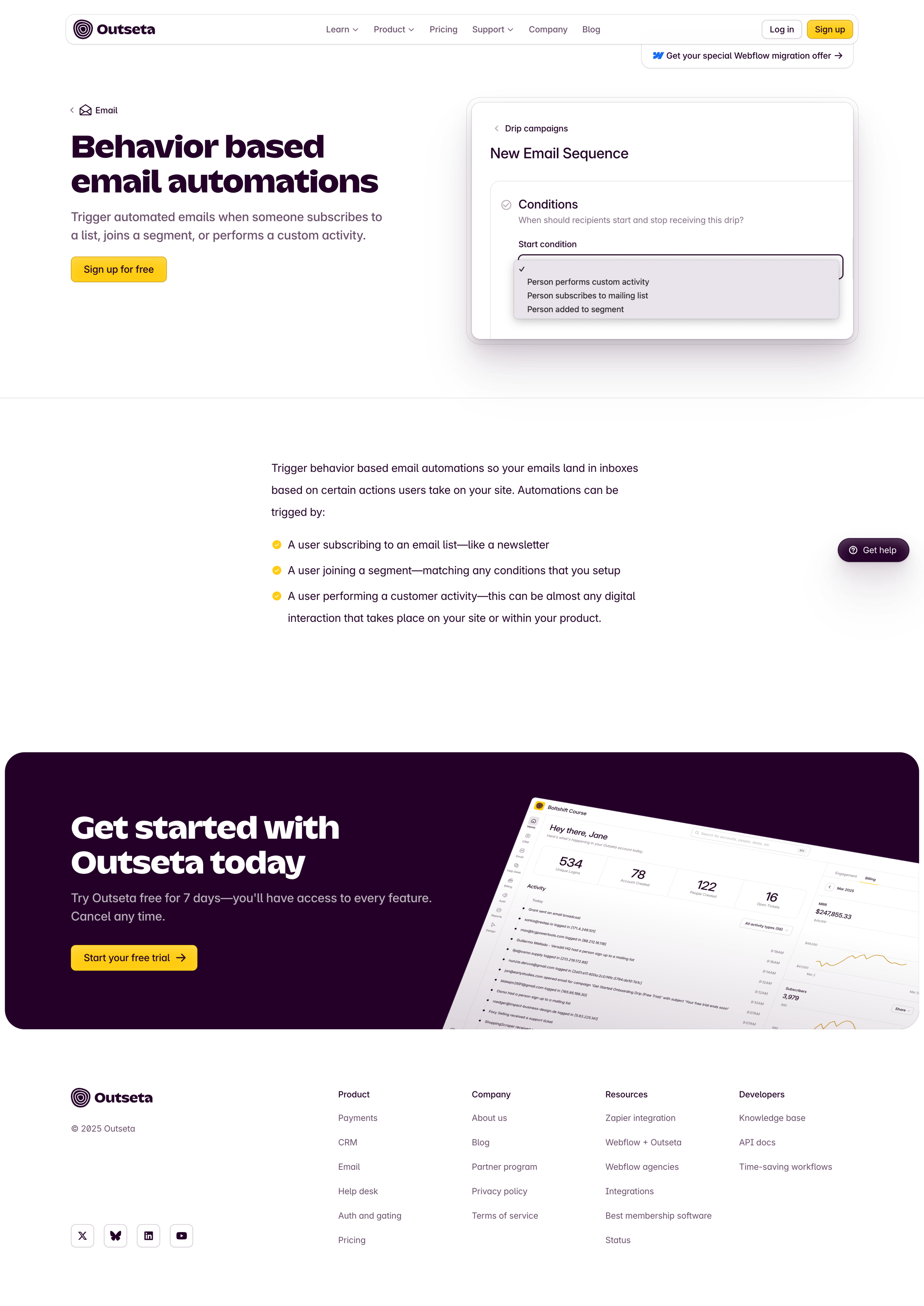Outseta - Behavior based email automations Outseta screen