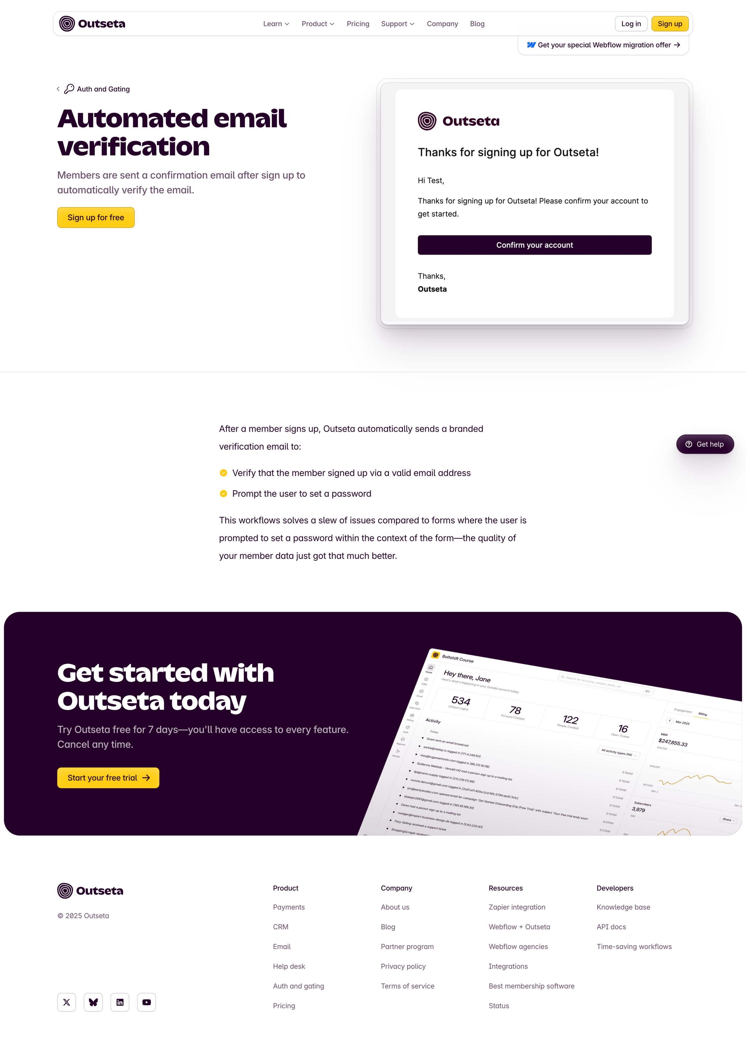 Outseta - Automated email verification Outseta screen