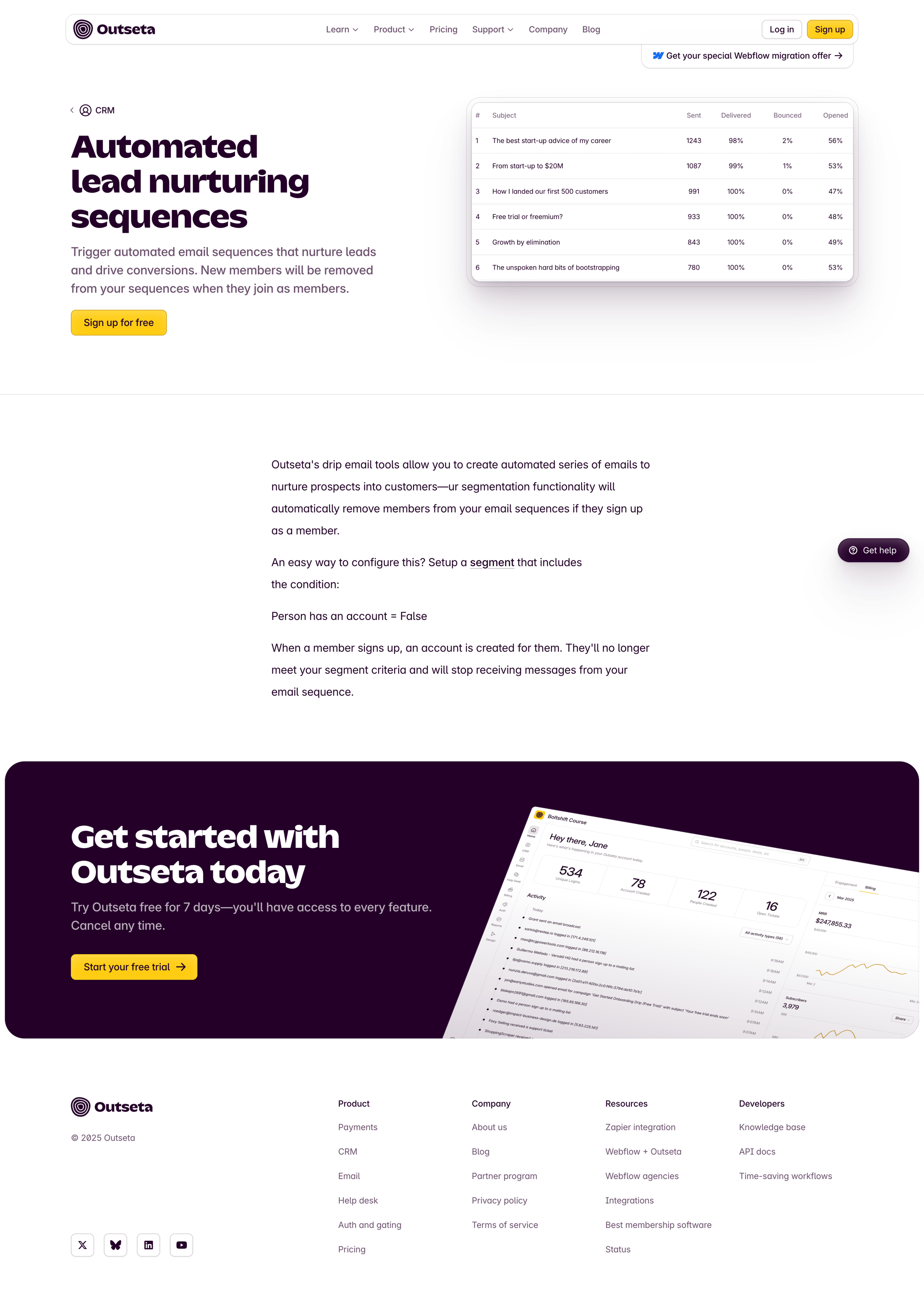 Outseta - Automated lead nurturing sequences Outseta screen