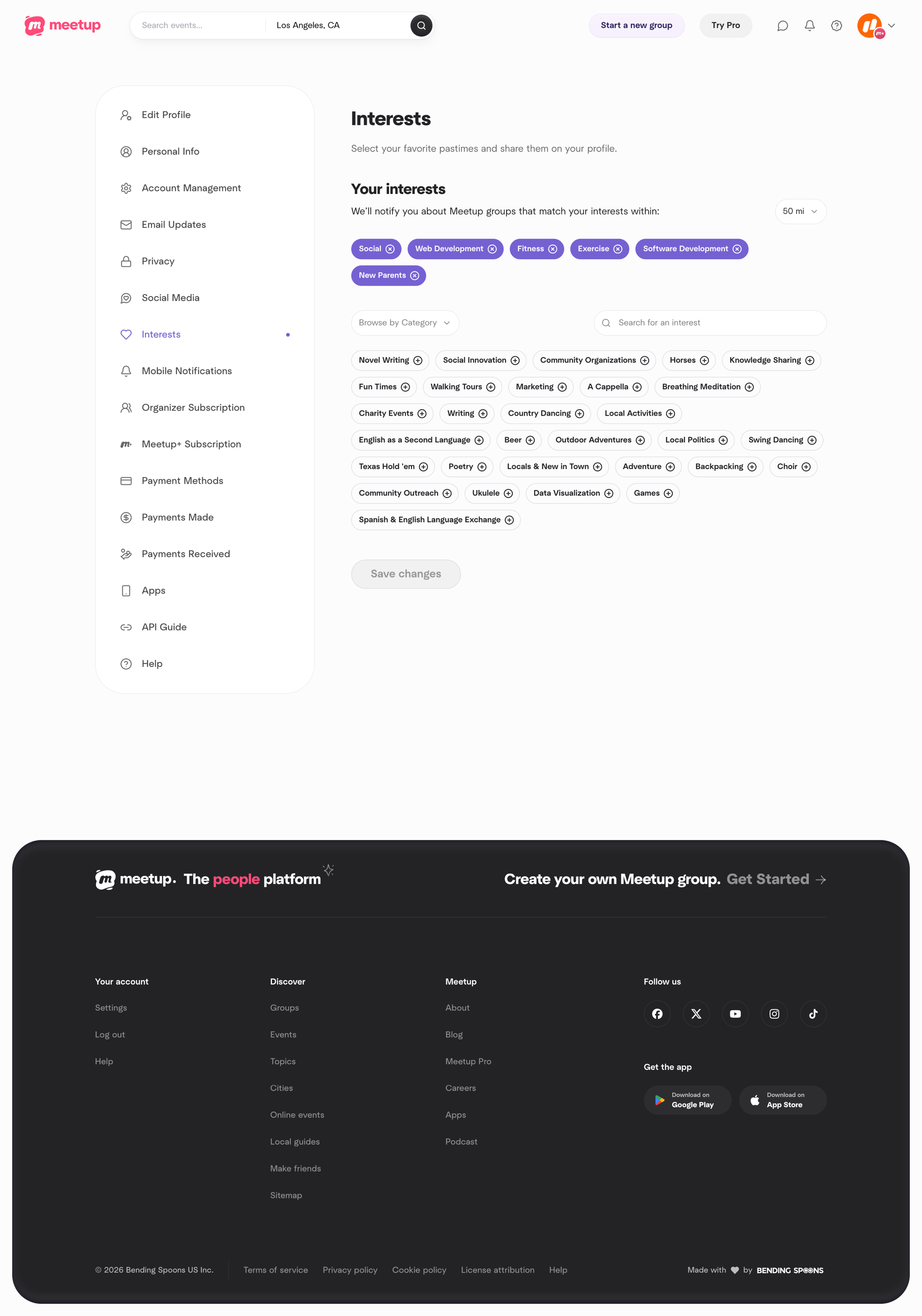 Meetup - Interests screen