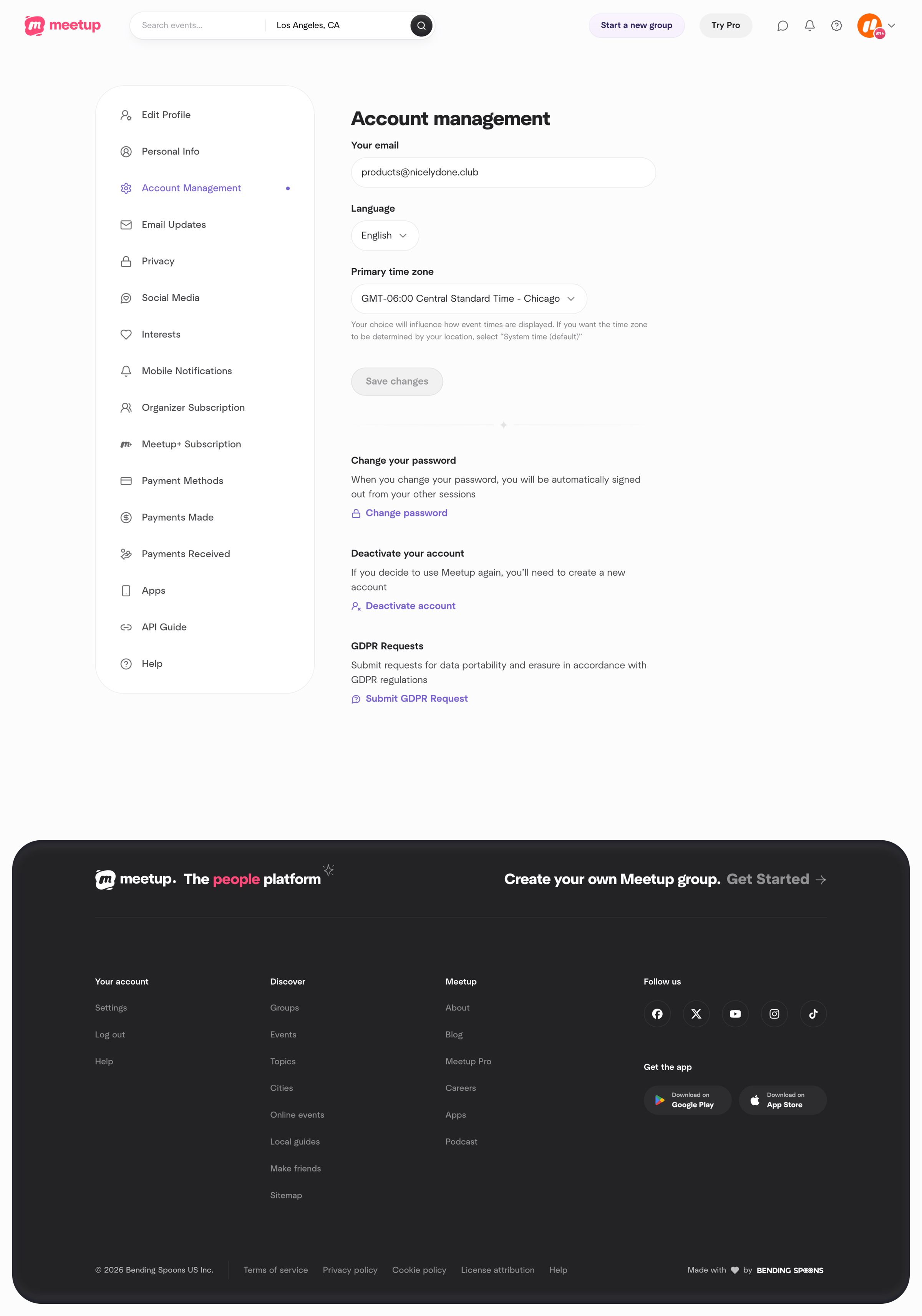 Meetup - Account management screen