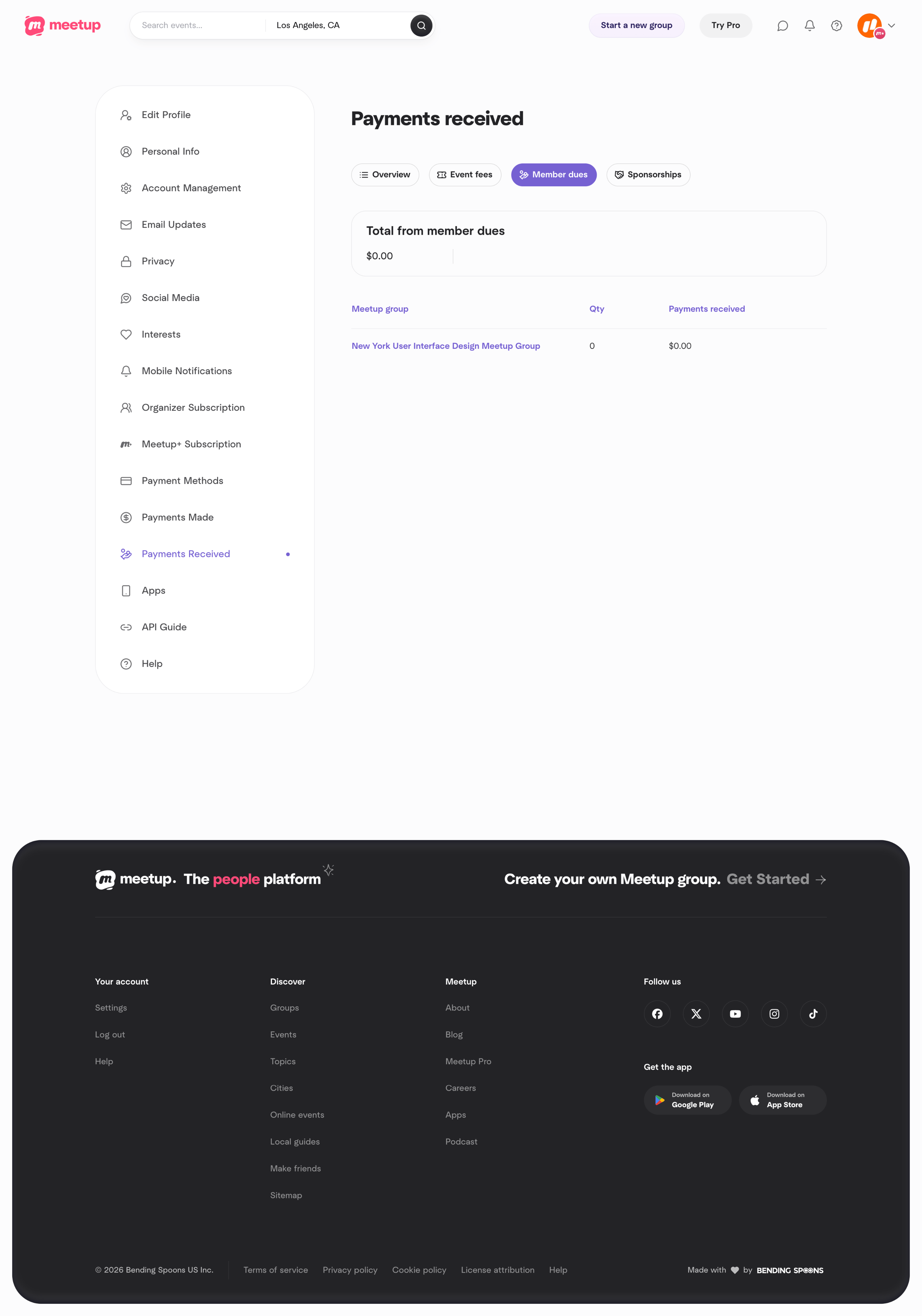 Meetup - Payments received screen
