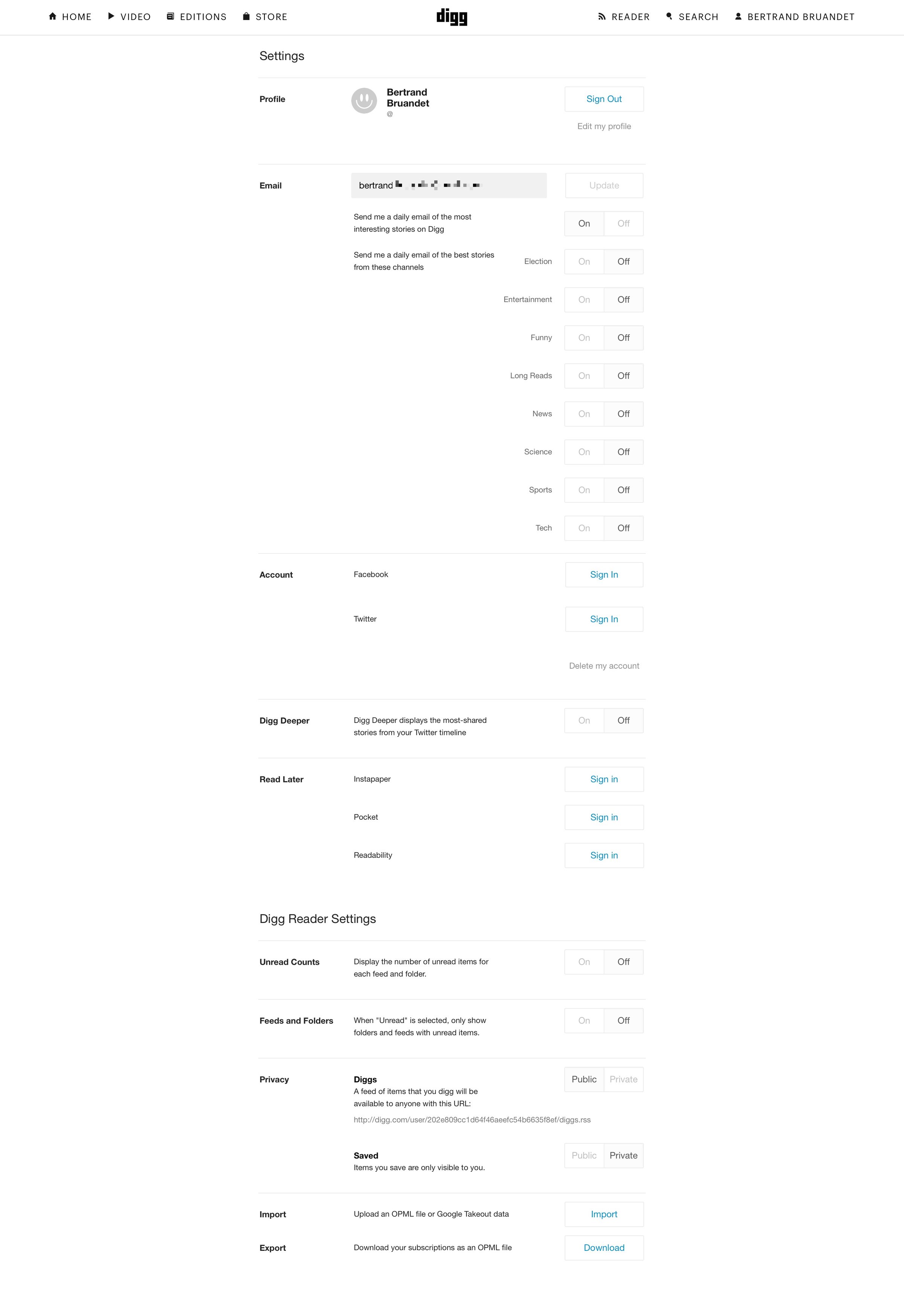 Digg reader - Settings screen
