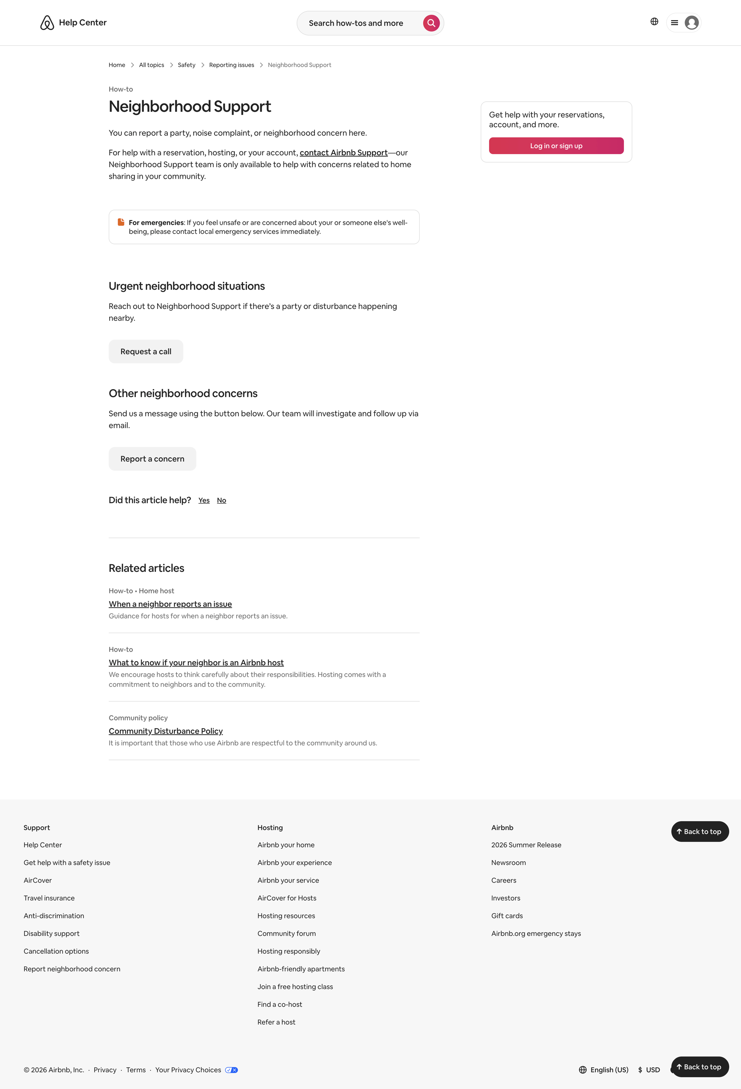 Airbnb - Neighborhood Support - Airbnb Help Center screen