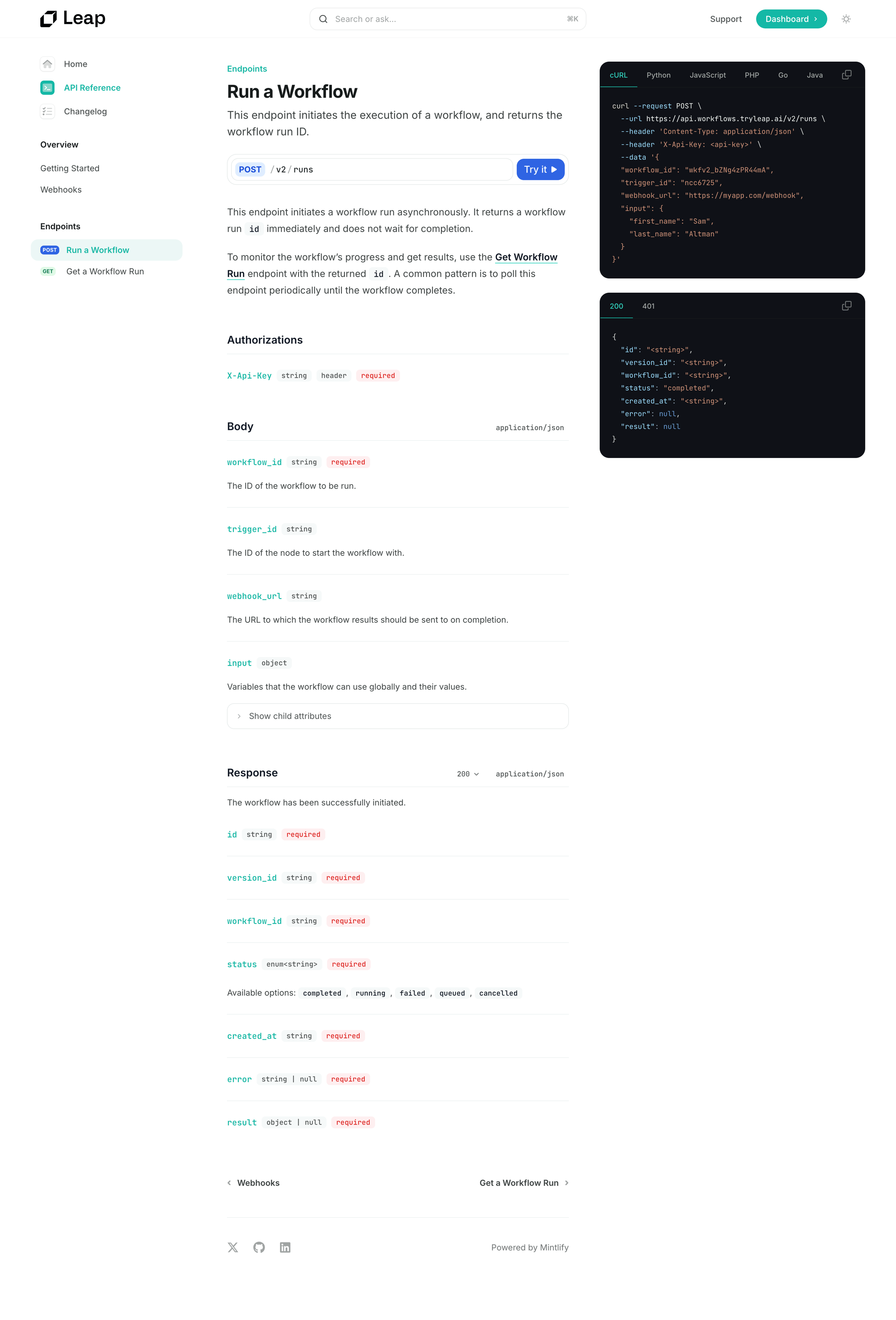 Leap - Run a Workflow - Leap AI screen