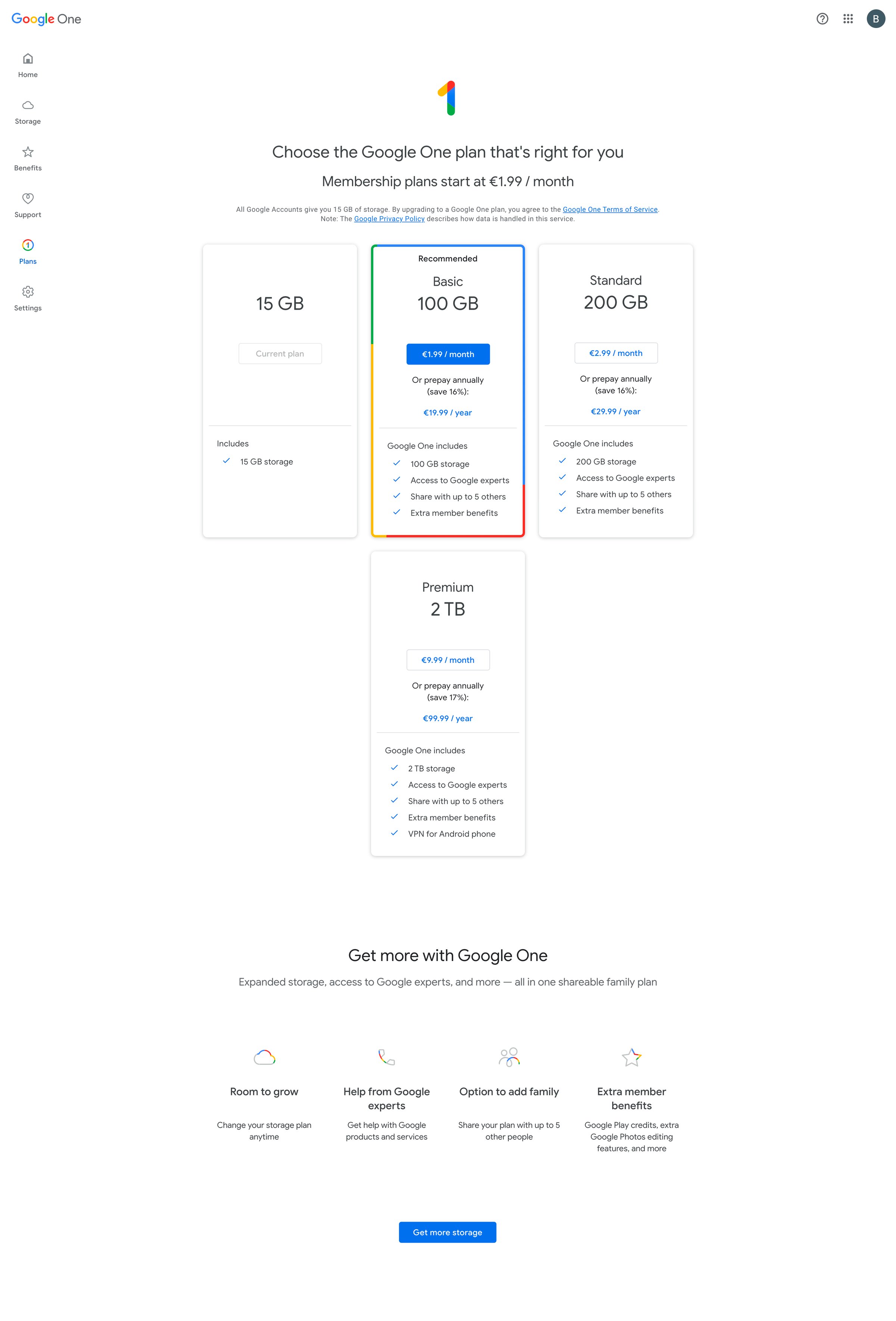 Google One - Google One Plans screen