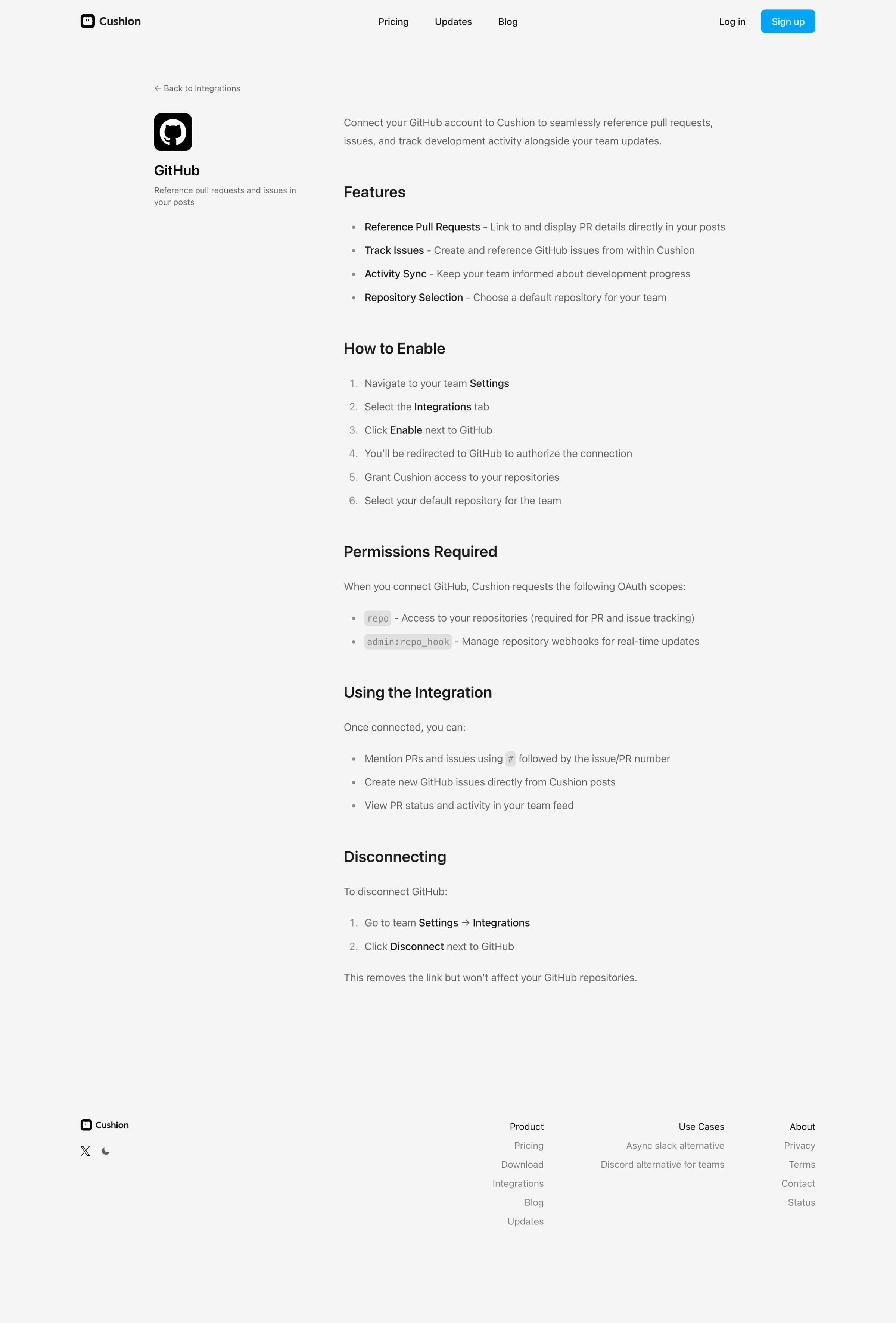 Cushion - GitHub Integration Cushion screen