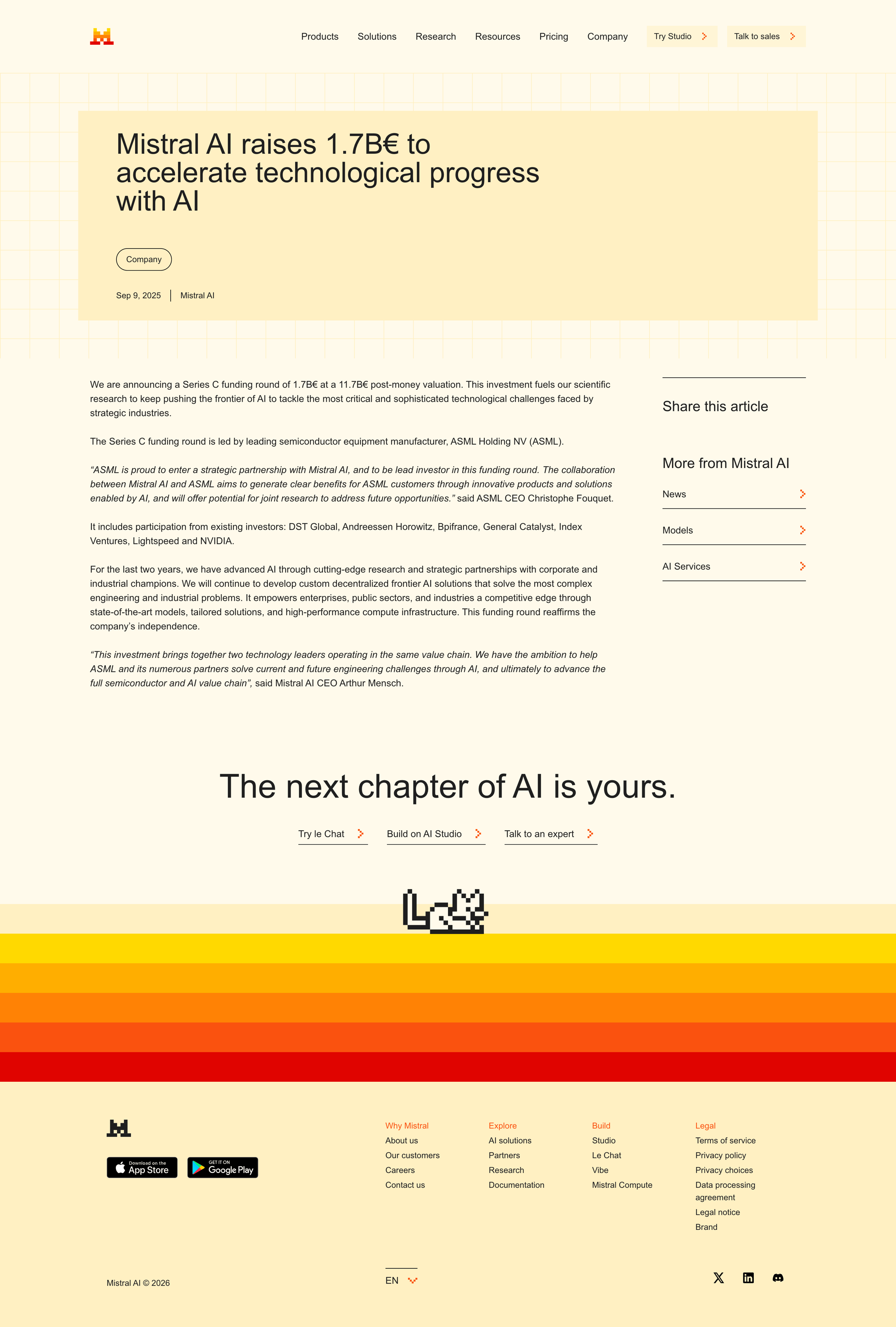 Mistral - Mistral AI raises 1.7B€ to accelerate technological progress with AI Mistral AI screen