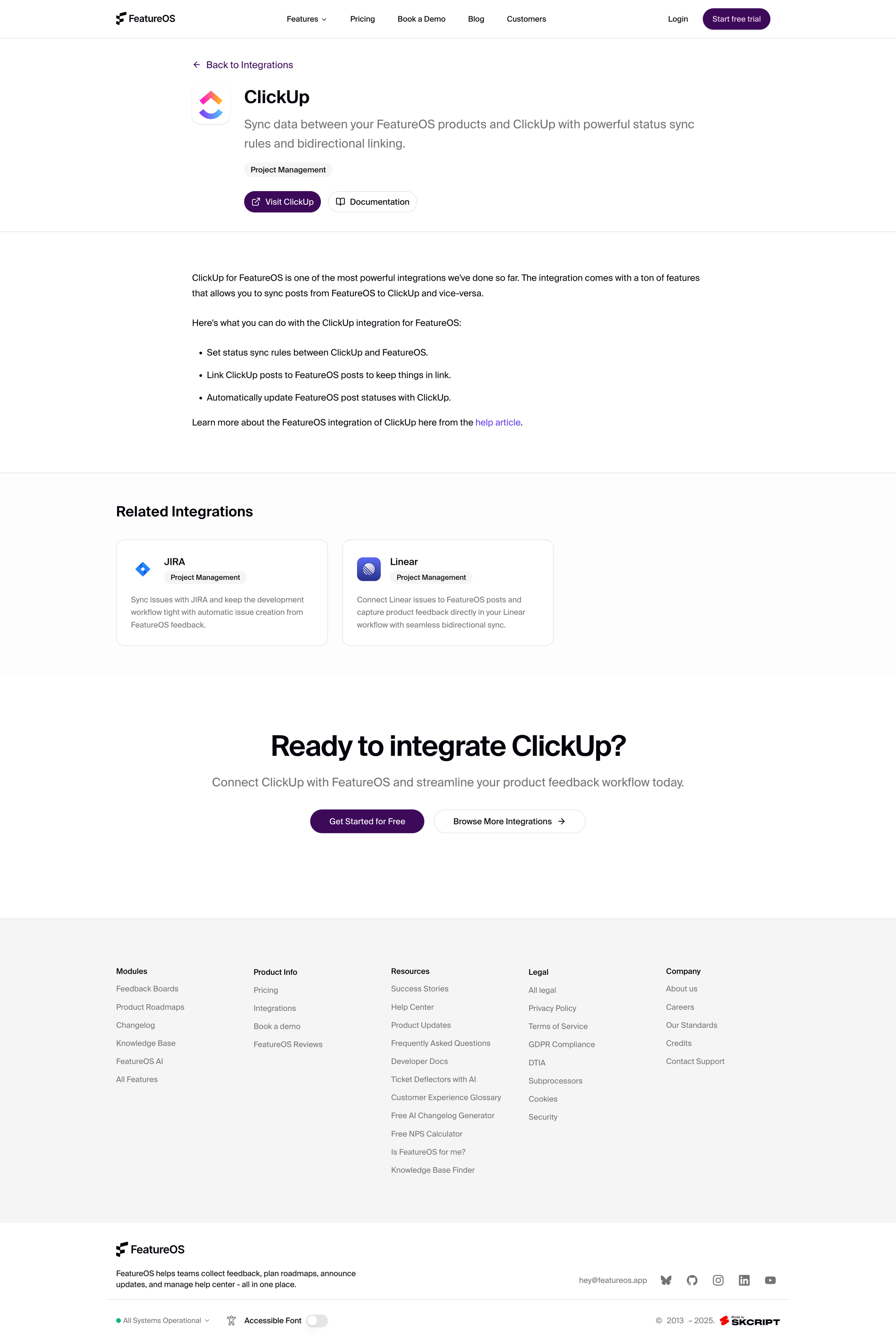 FeatureOS - ClickUp Integration - Connect with FeatureOS screen