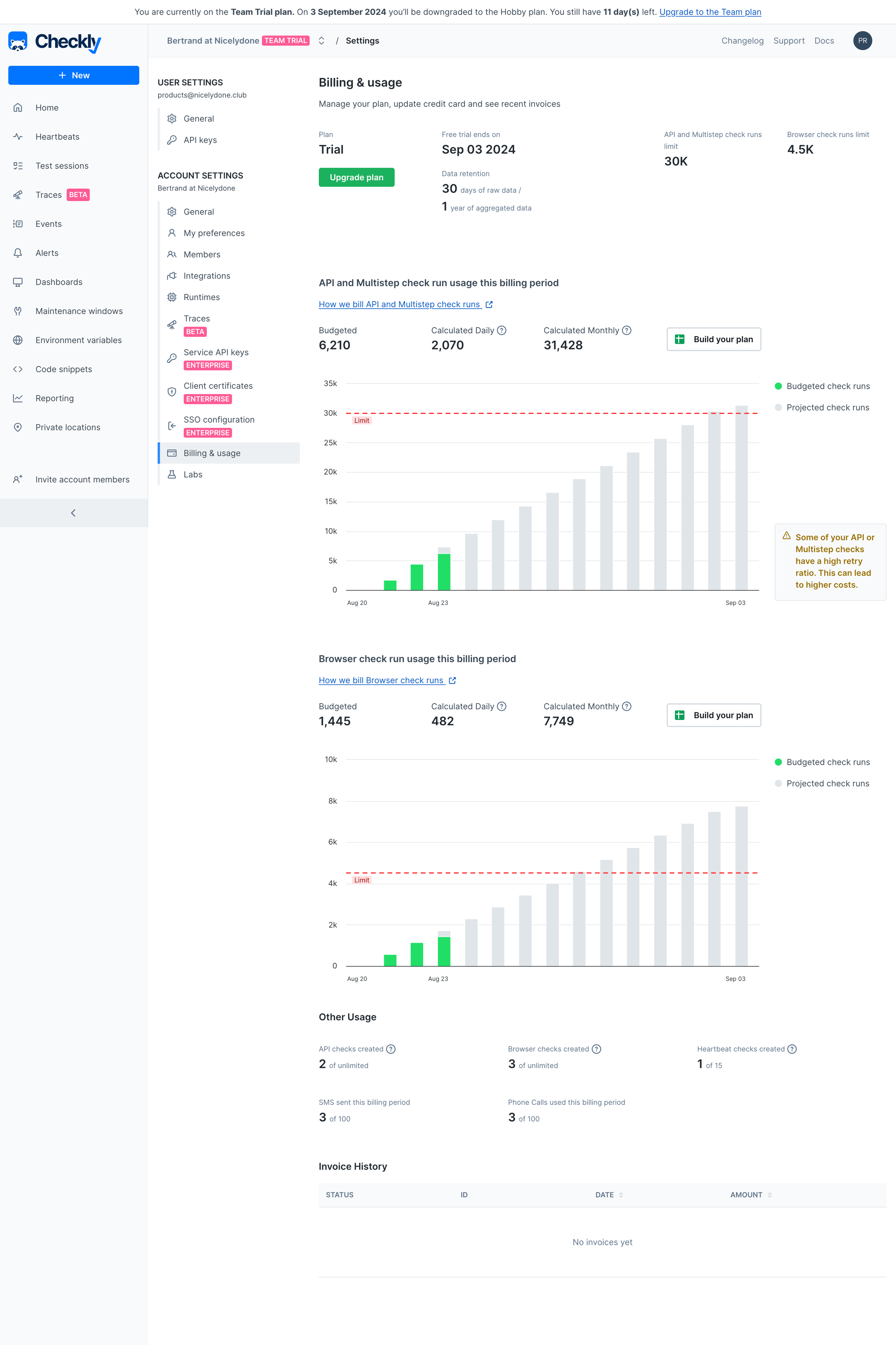 Checkly - Account | Billing screen