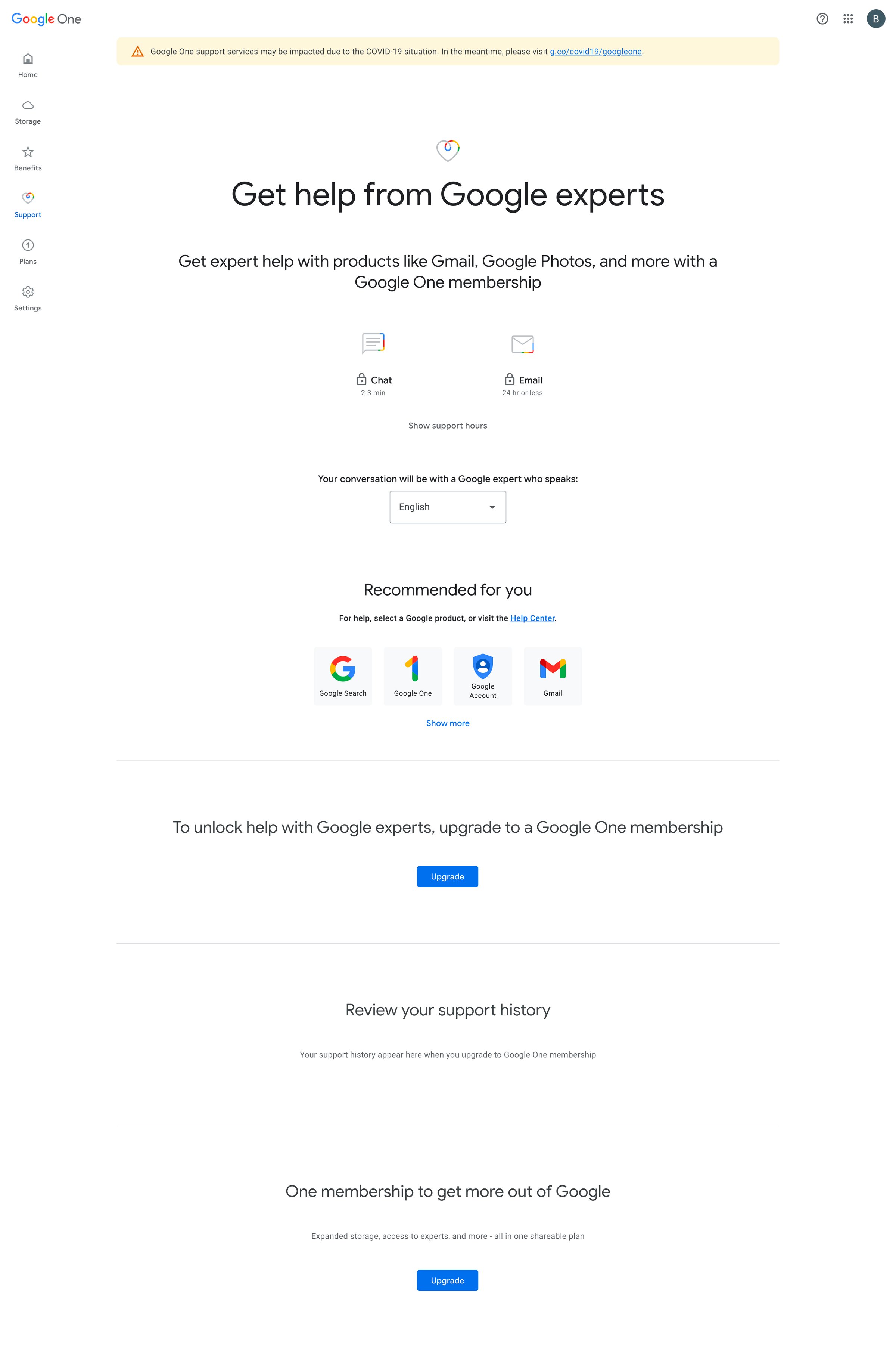 Google One - Google One Support screen