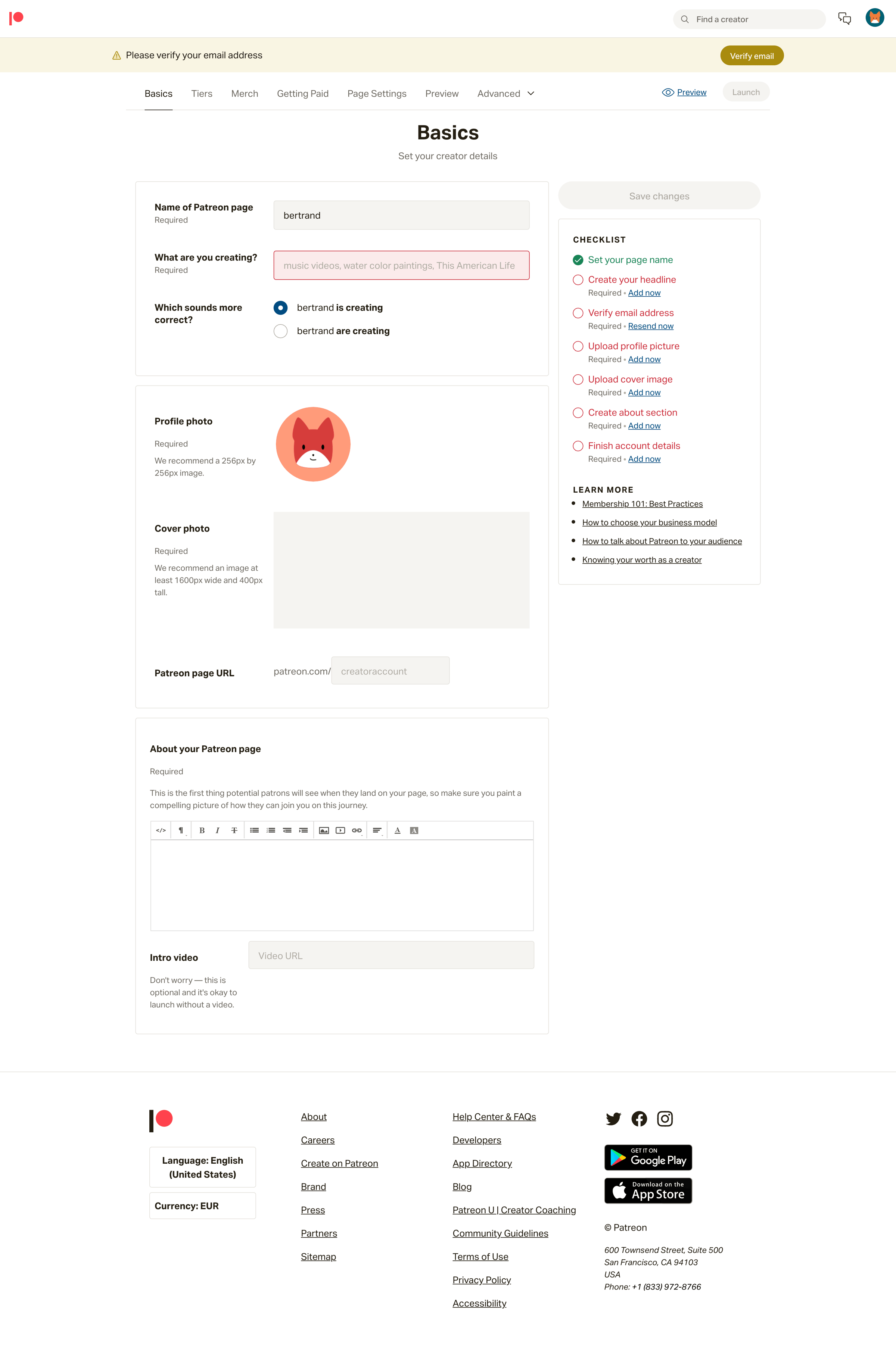 Patreon - Build your page | Patreon screen