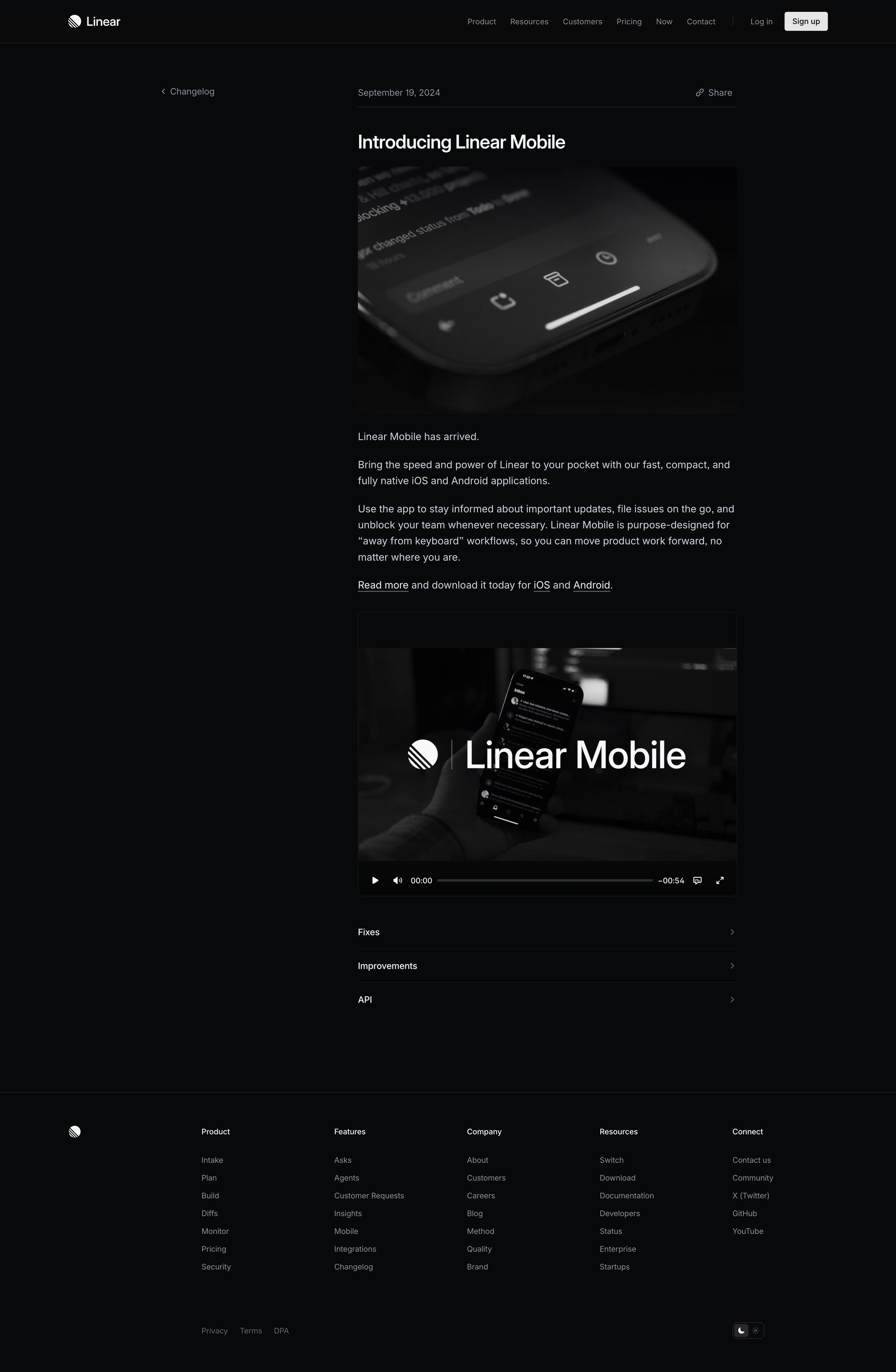 Linear - Introducing Linear Mobile – Changelog screen