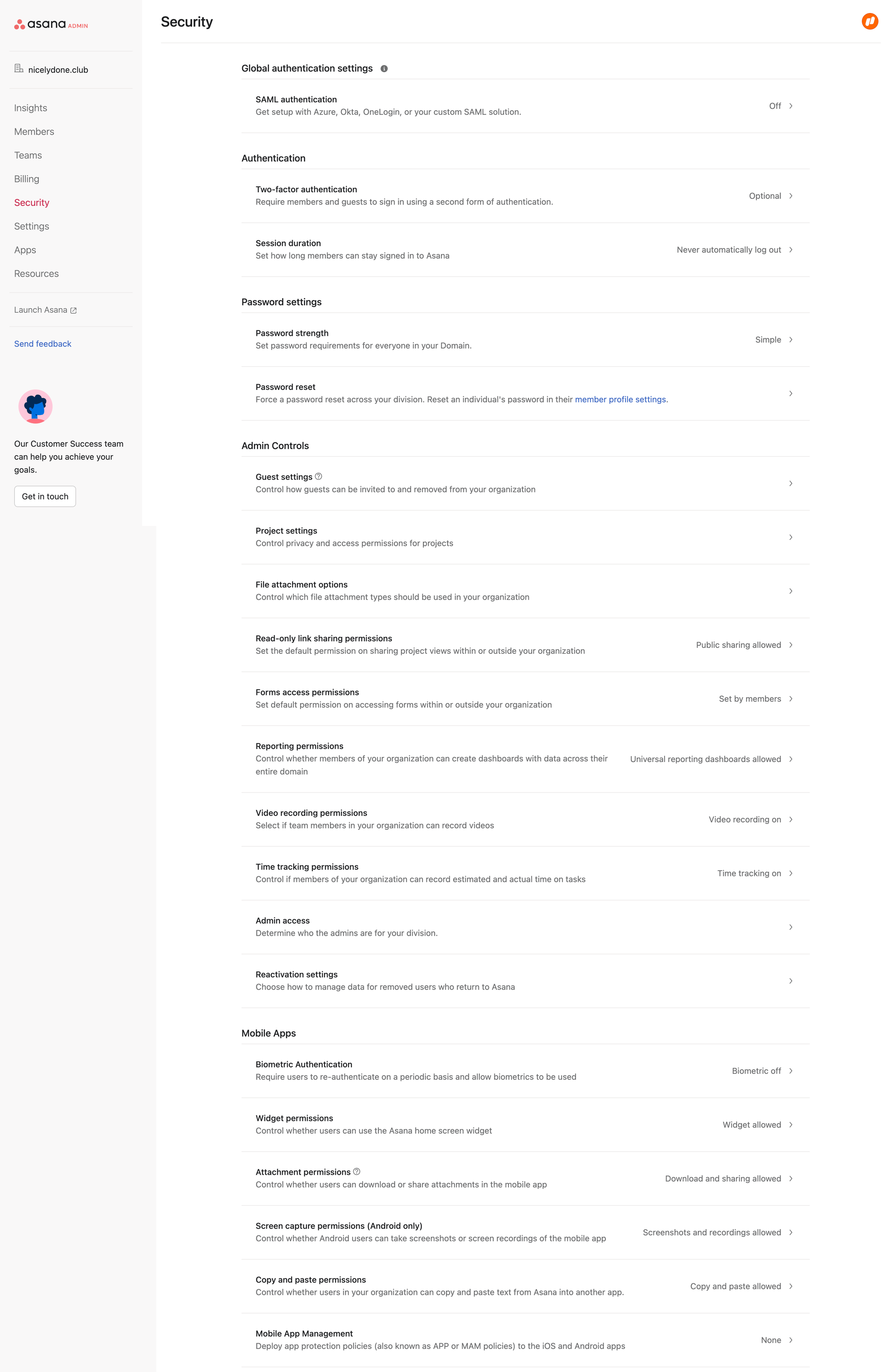 Asana - Admin console screen