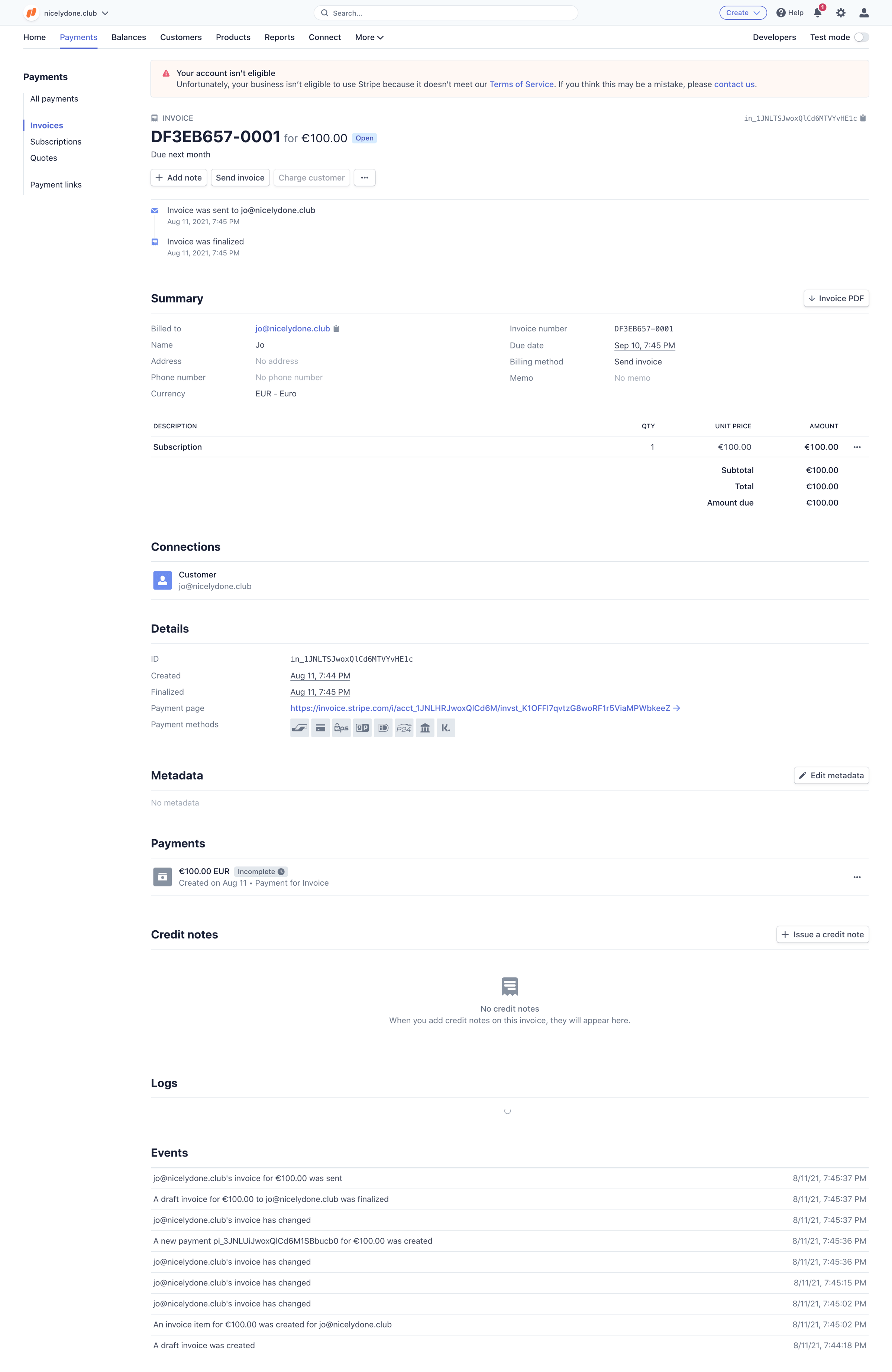 Stripe - Invoices – nicelydone.club – Stripe screen