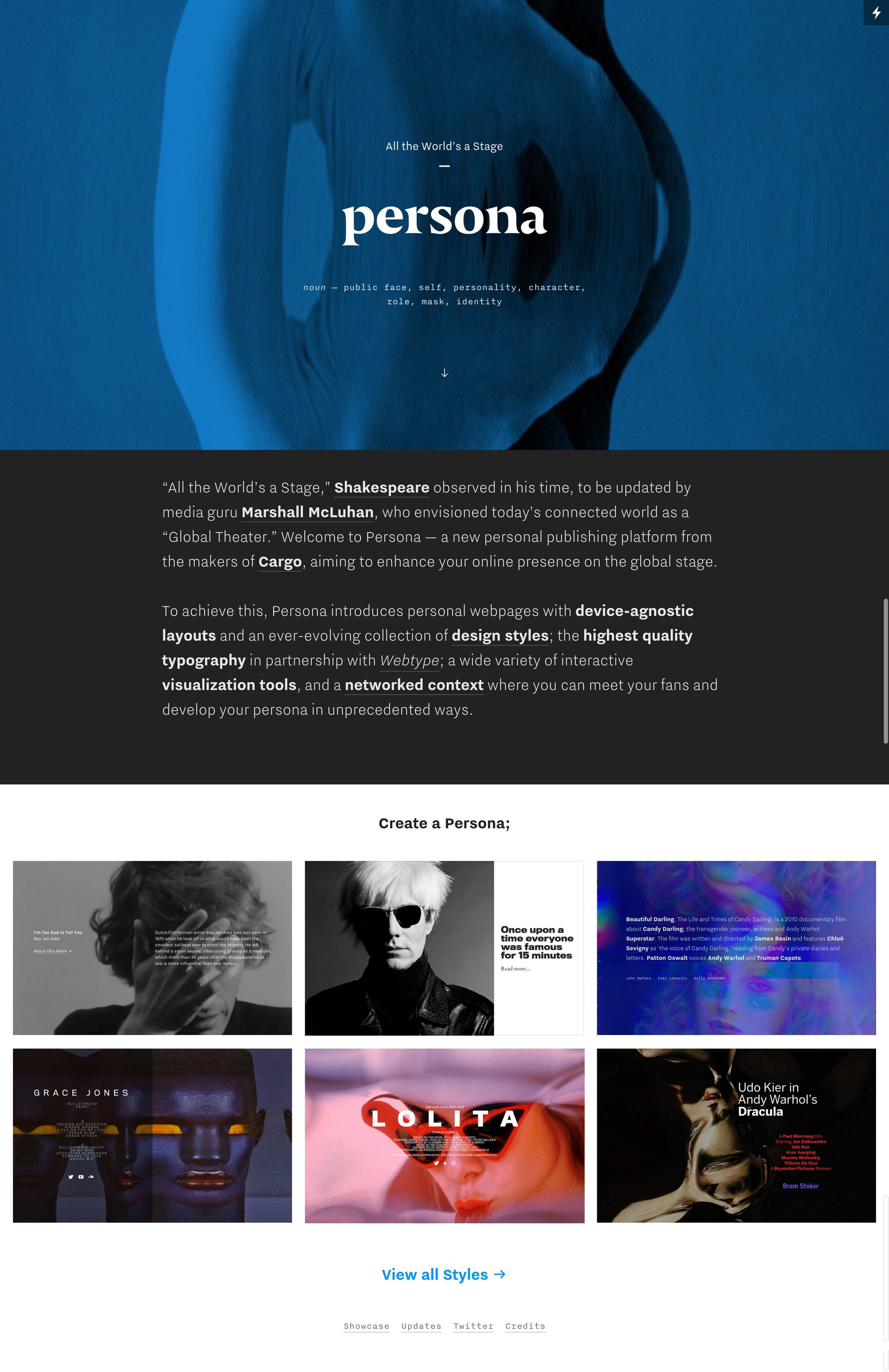 Persona - Landing page screen