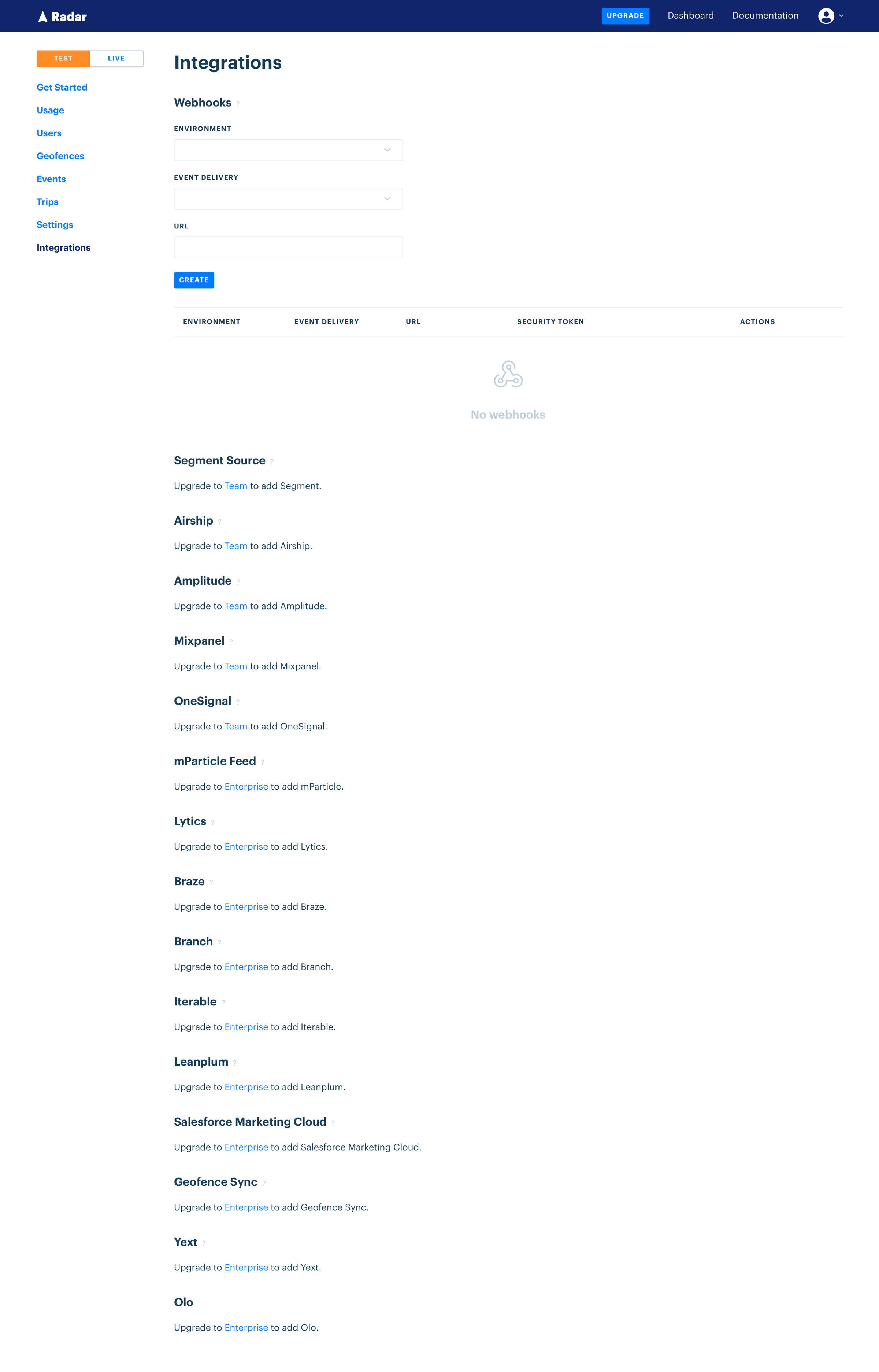Radar - Integrations | Radar screen