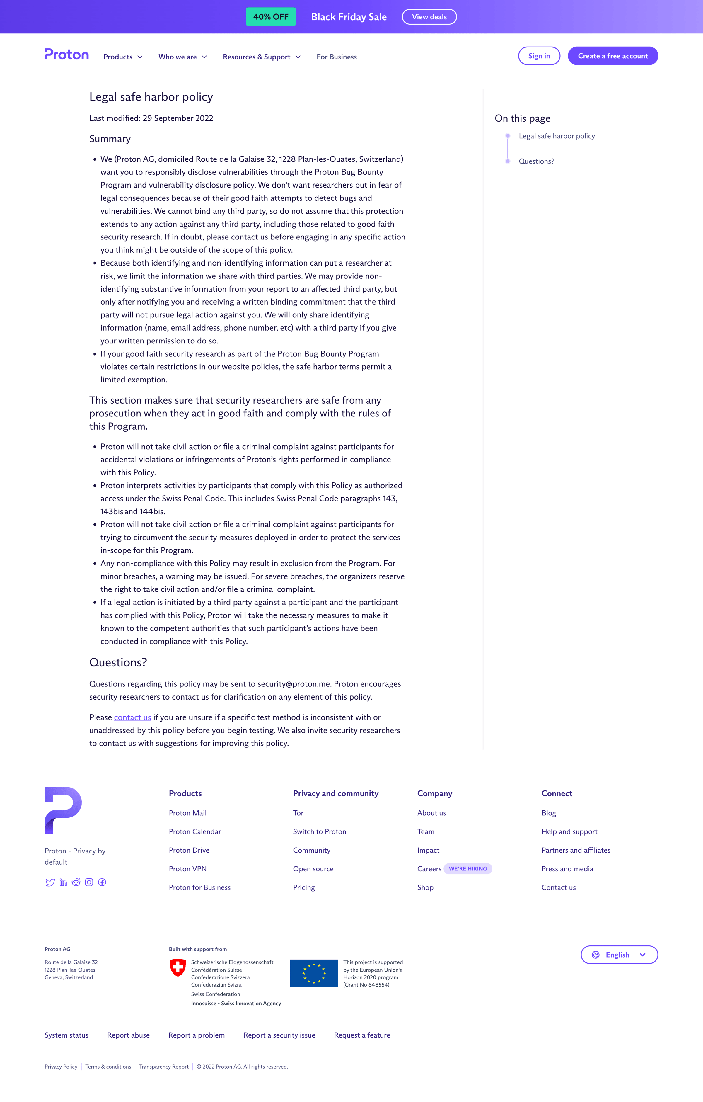 Proton - Legal safe harbor policy screen