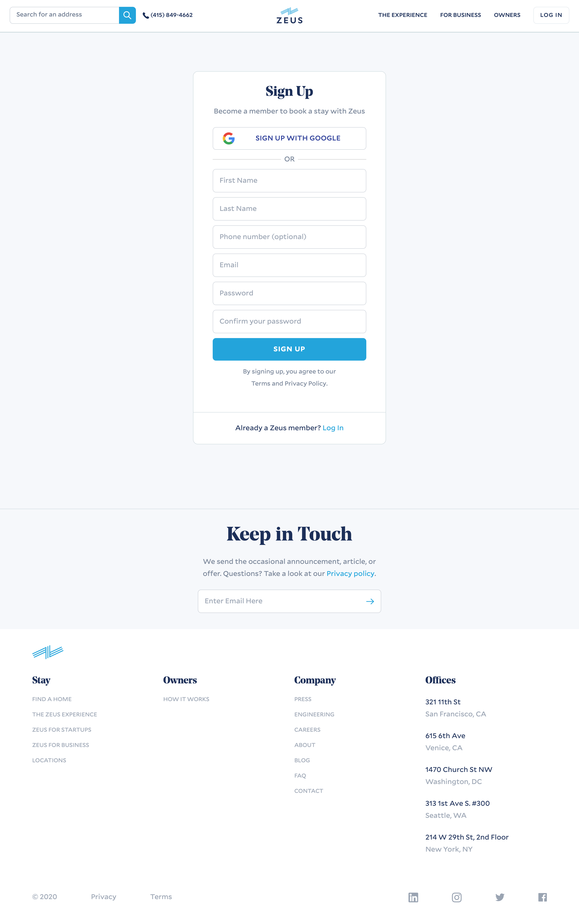 Zeus living - Sign up screen