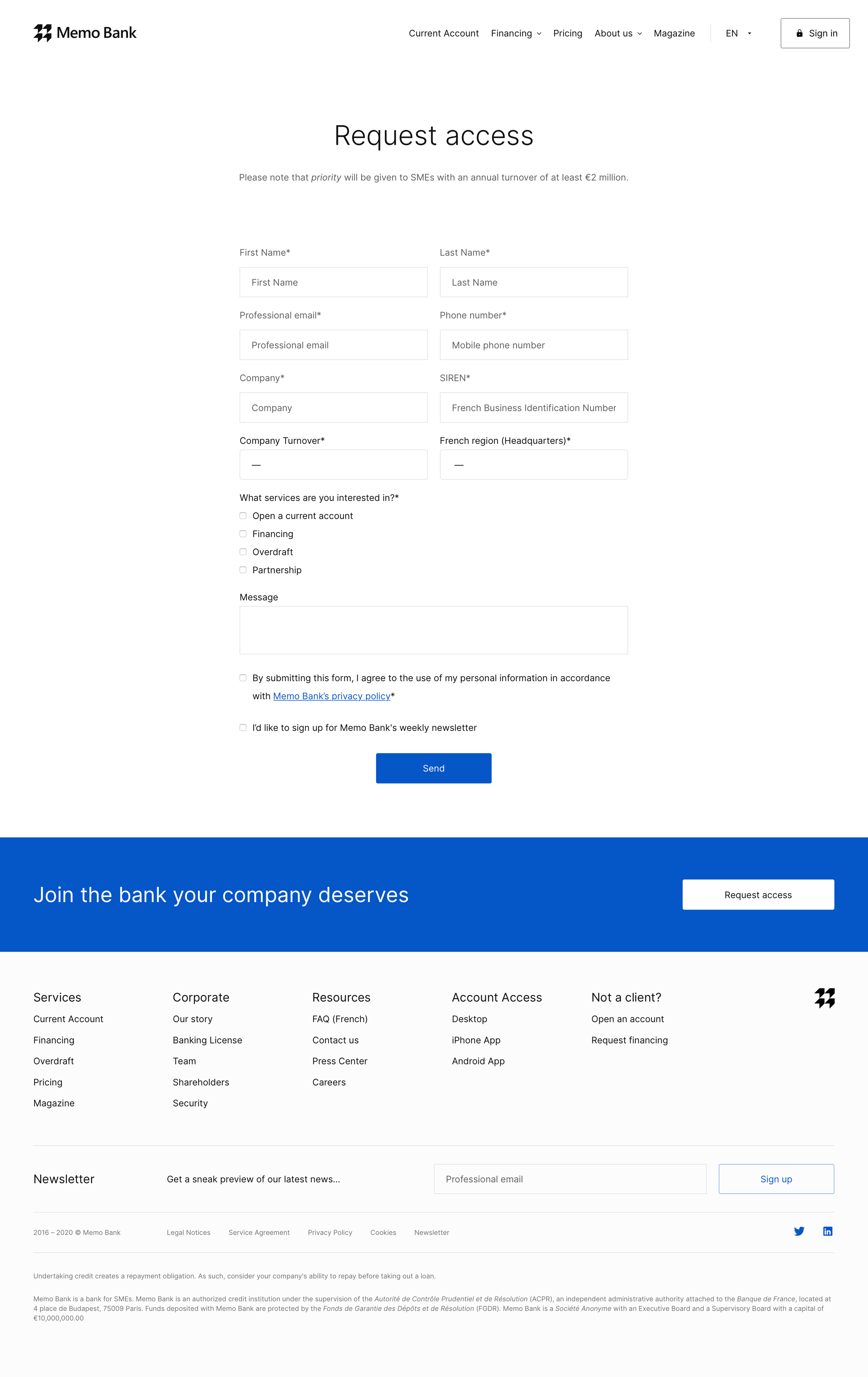 Sign up from Memo Bank