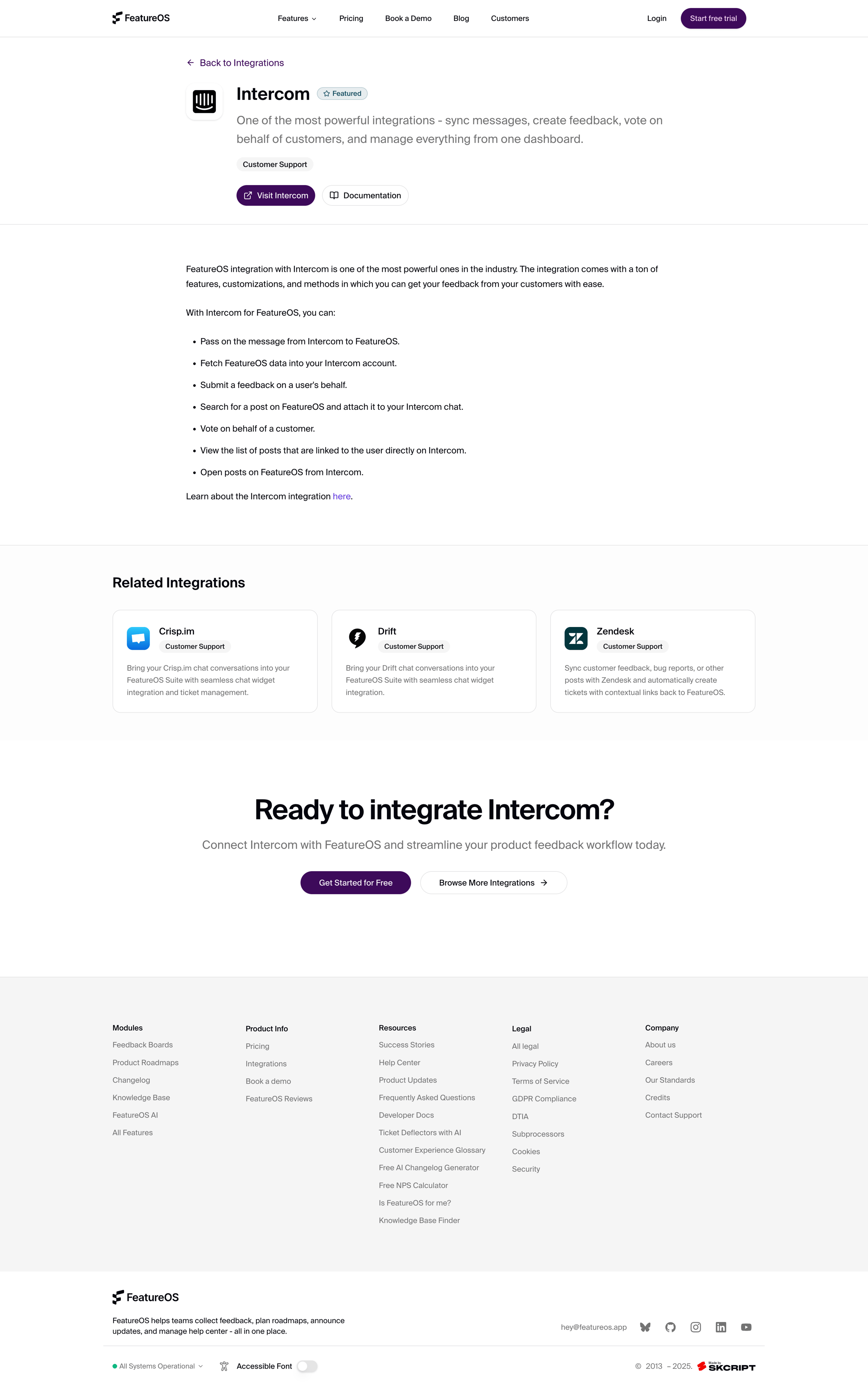 FeatureOS - Intercom Integration - Connect with FeatureOS screen