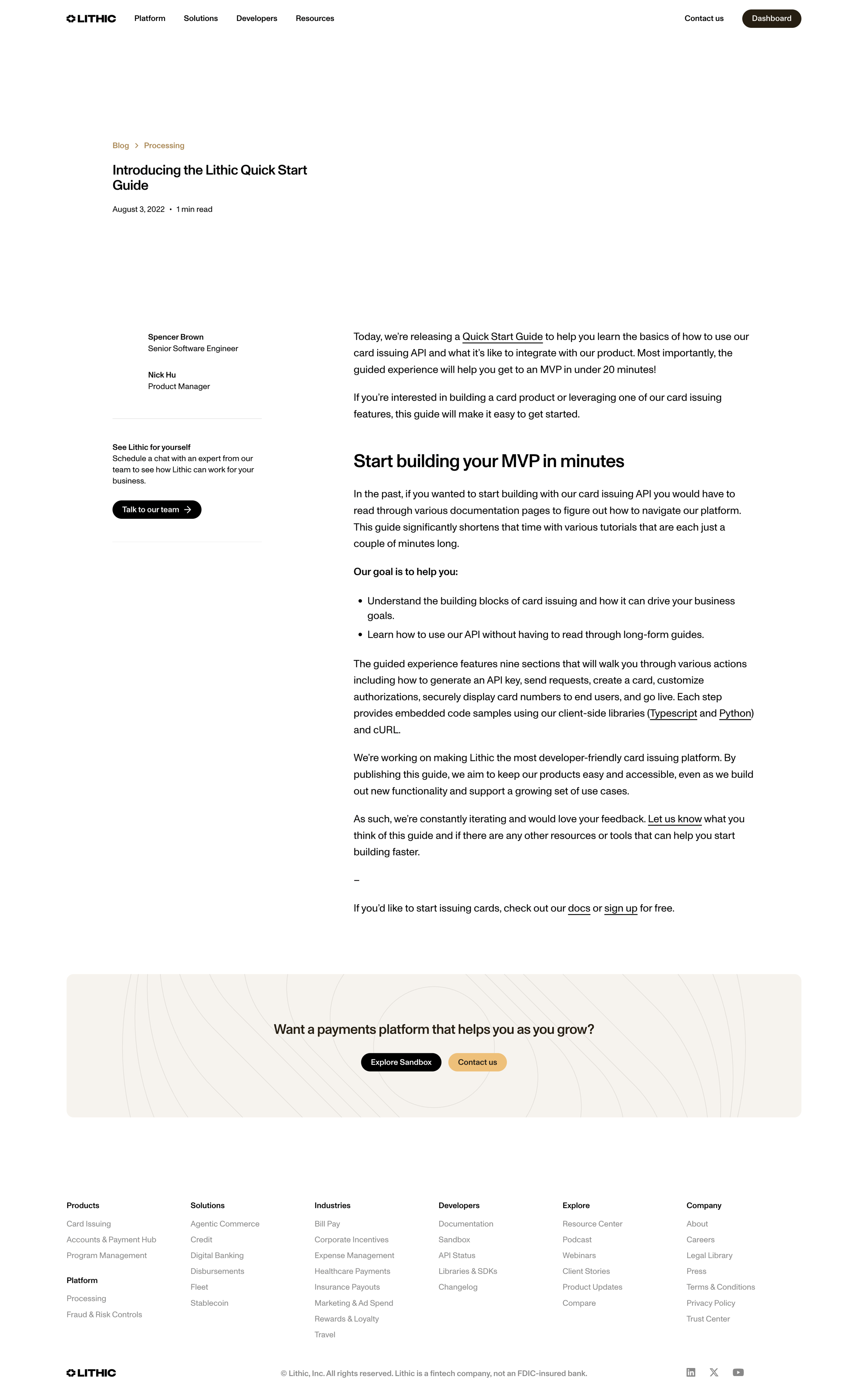 Lithic - Introducing the Lithic Quick Start Guide | Lithic screen