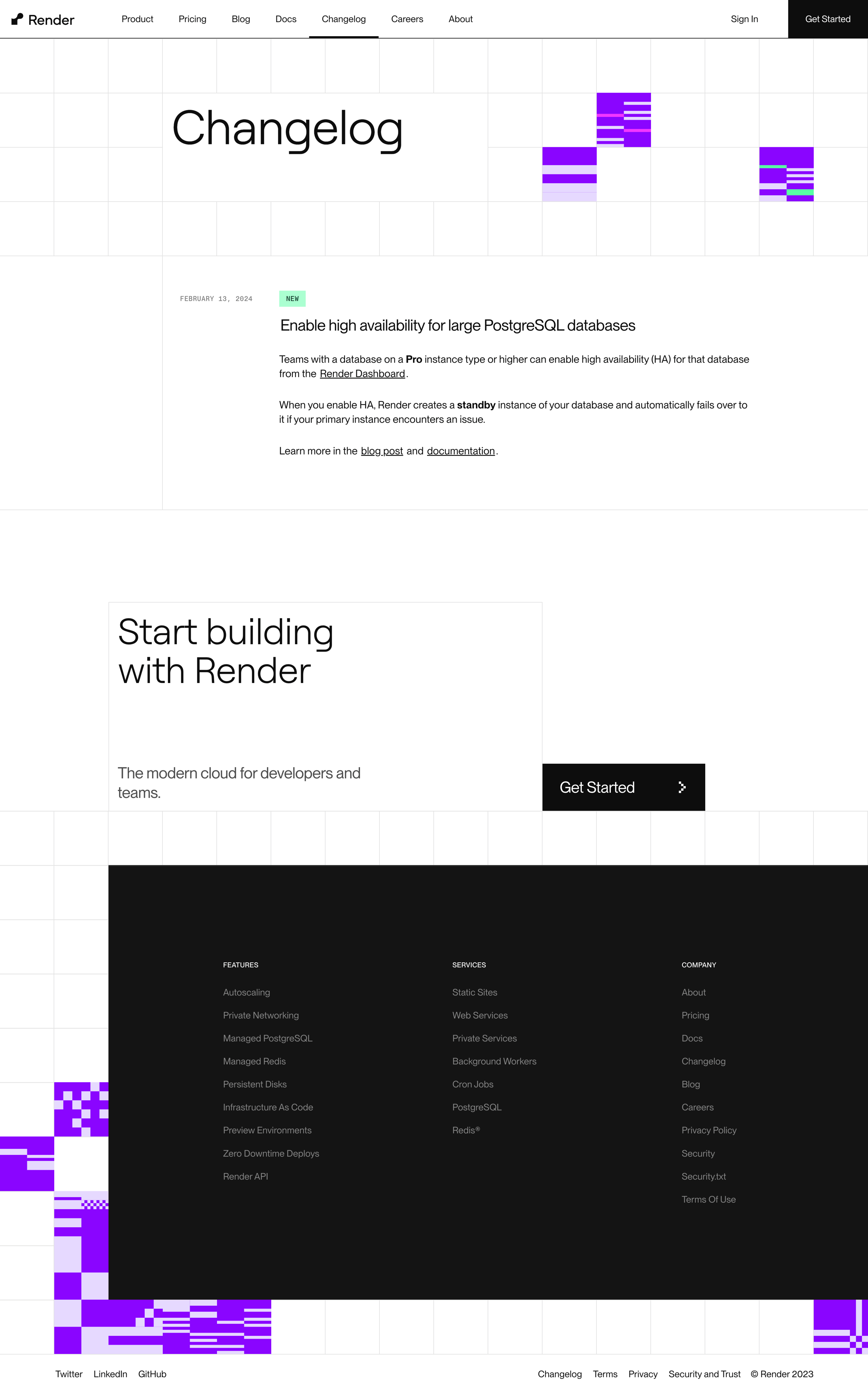 Render - Enable high availability for large PostgreSQL databases | Render C screen