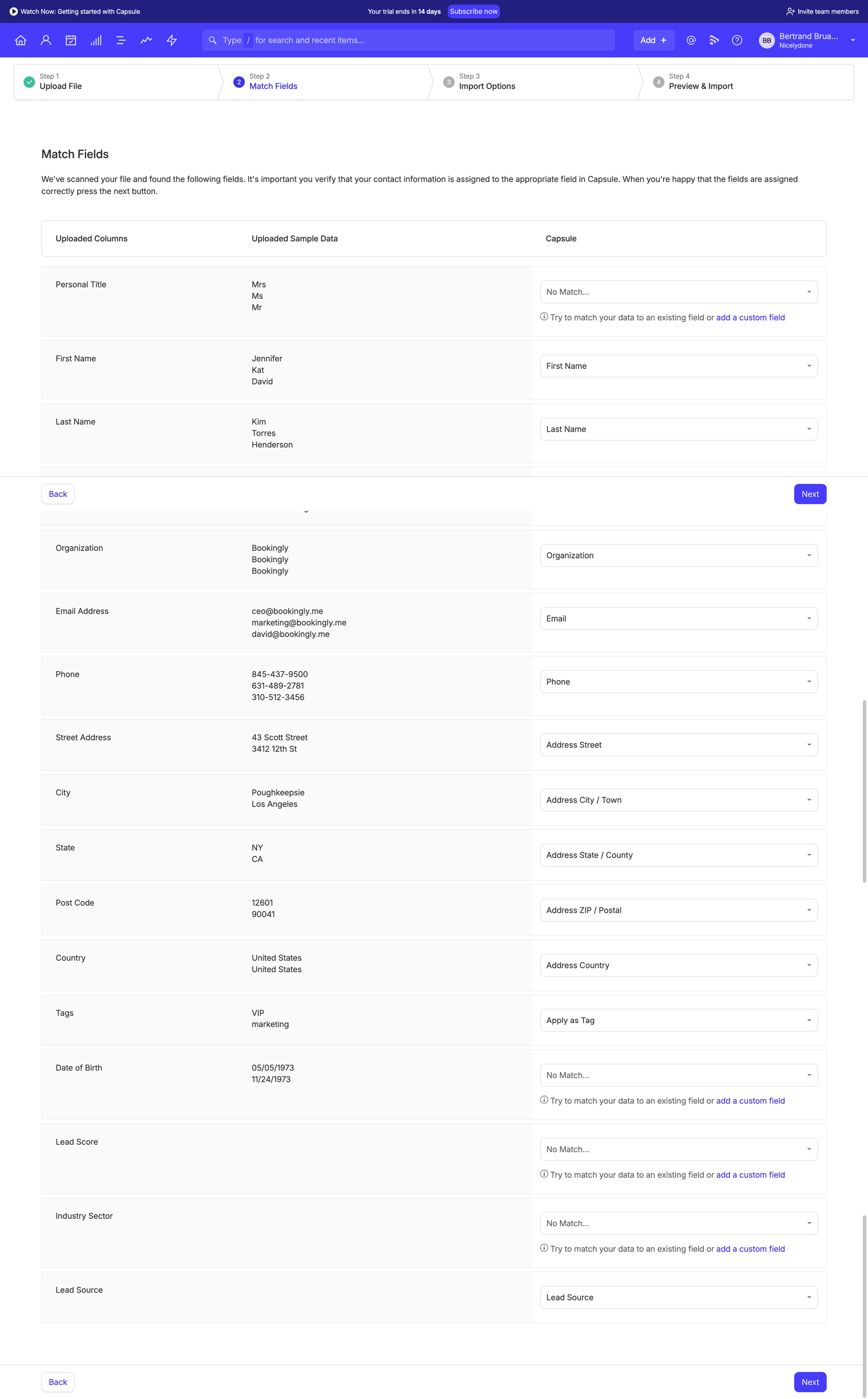 Capsule - Match Fields | Import | Nicelydone CRM screen